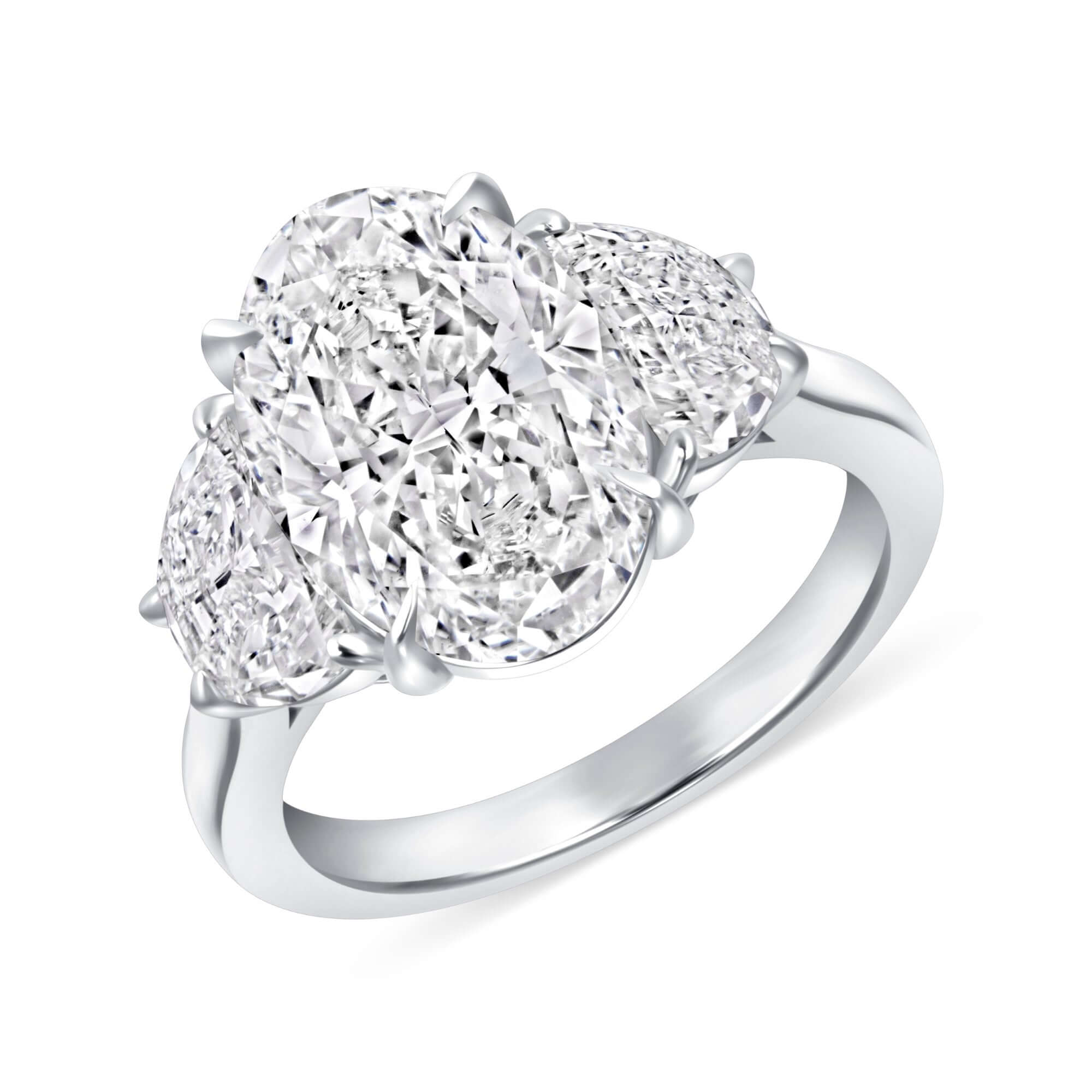 4.52 CT. Oval and Half Moon Cut Diamond Three Stone Ring - Three Stone Ring