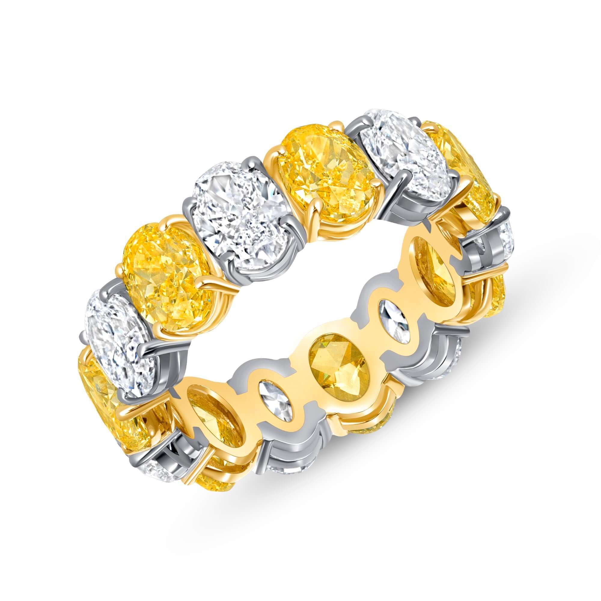 8.31 CT Alternating Fancy Yellow and White Oval Diamond Eternity Band in Platinum and Yellow Gold - Eternity Ring