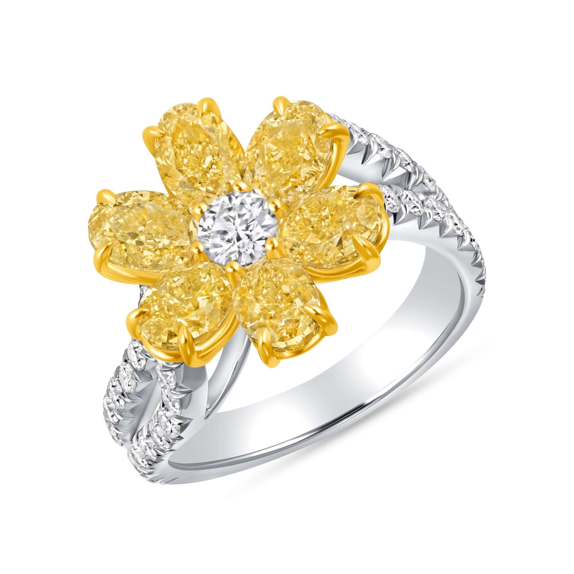 3.85 CT. Round Brilliant and Oval Cut Yellow Diamond Flower Ring with Split Pavé Band - RING