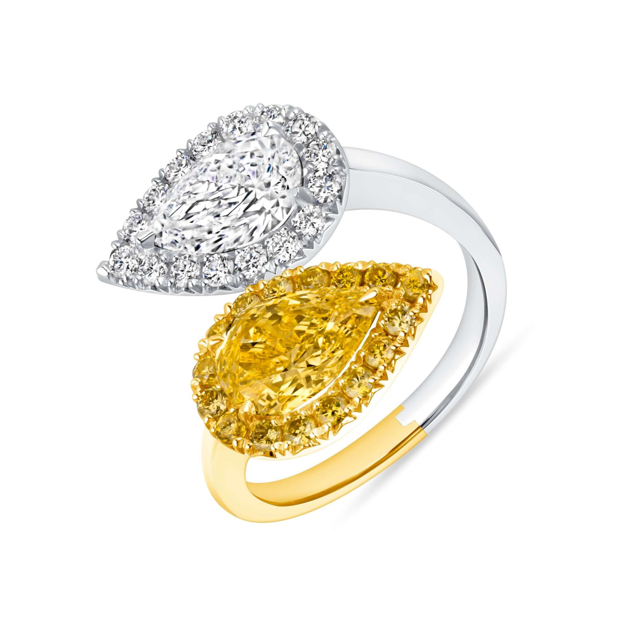 3.42 CT. Pear-Shaped Fancy Yellow & White Diamond Halo Toi et Moi Bypass Ring in Yellow Gold and Platinum - Toi et Moi Ring