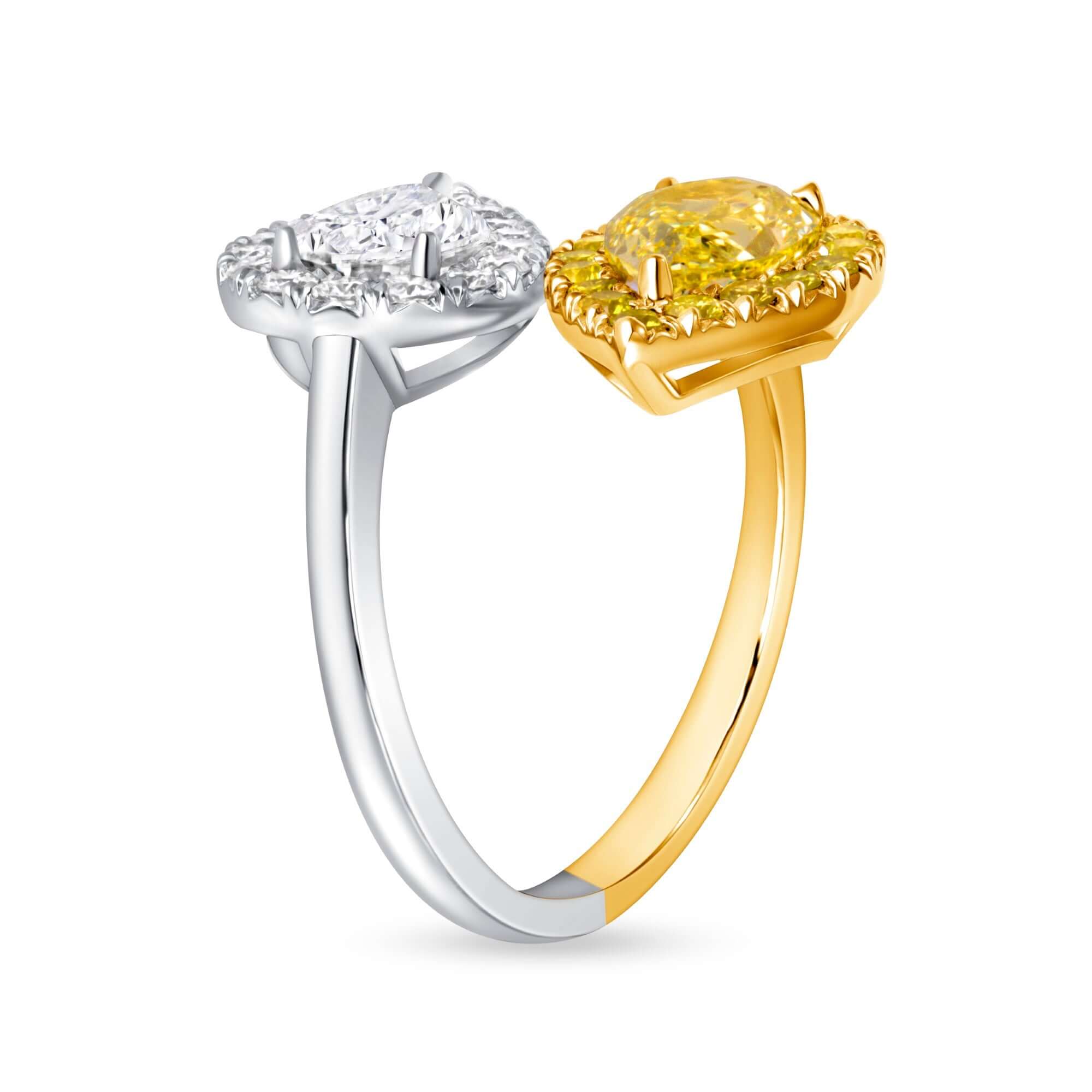 3.42 CT. Pear-Shaped Fancy Yellow & White Diamond Halo Toi et Moi Bypass Ring in Yellow Gold and Platinum - Toi et Moi Ring