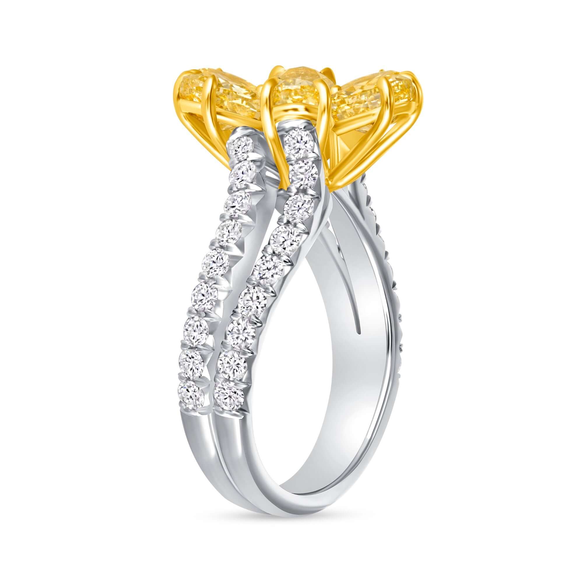 3.85 CT. Round Brilliant and Oval Cut Yellow Diamond Flower Ring with Split Pavé Band - RING