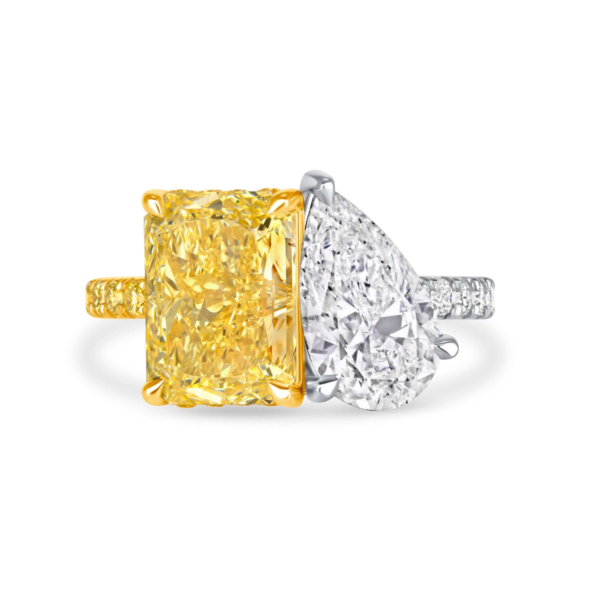 5.84 CT. Radiant Cut Fancy Yellow Diamond & Pear Cut Diamond Toi et Moi Ring with Pavé Band in Yellow Gold and Platinum - Toi et Moi Ring