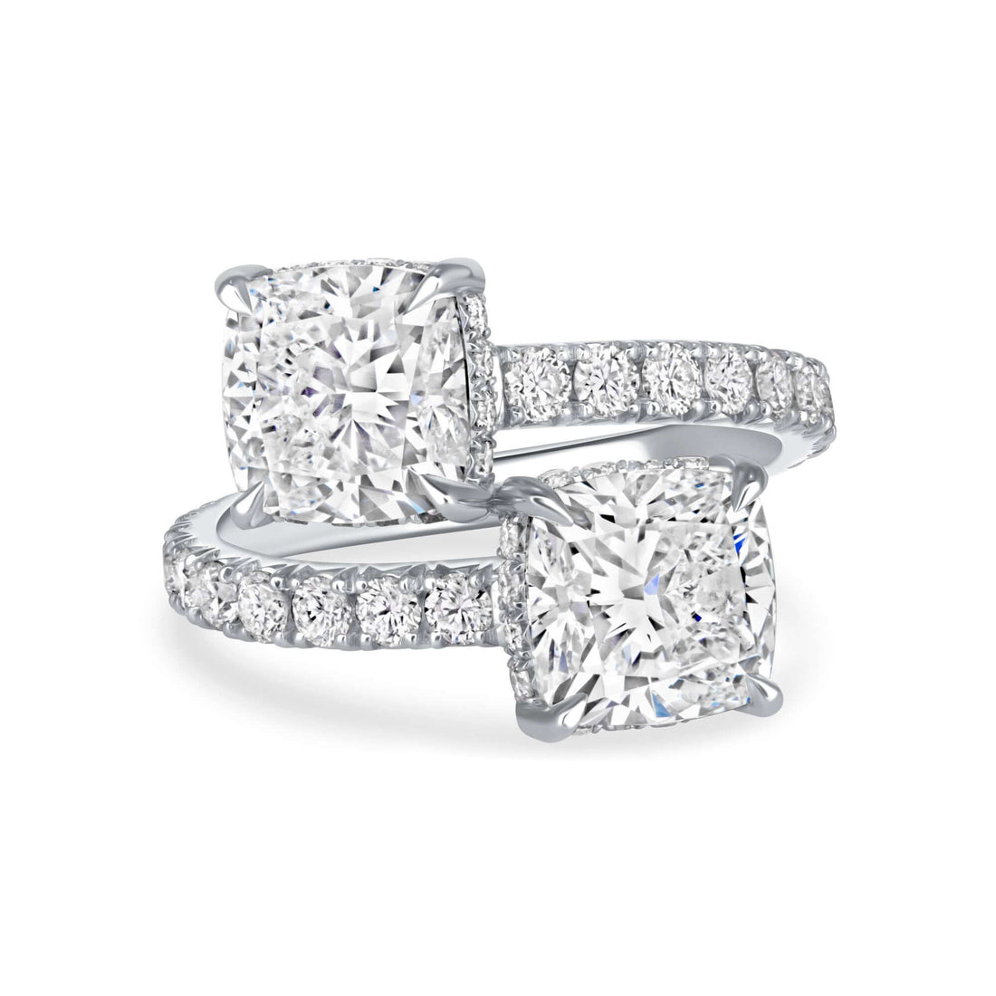 4.96 CT Cushion Cut Diamond Toi et Moi Bypass Ring with Pavé Band in Platinum - Toi et Moi Ring