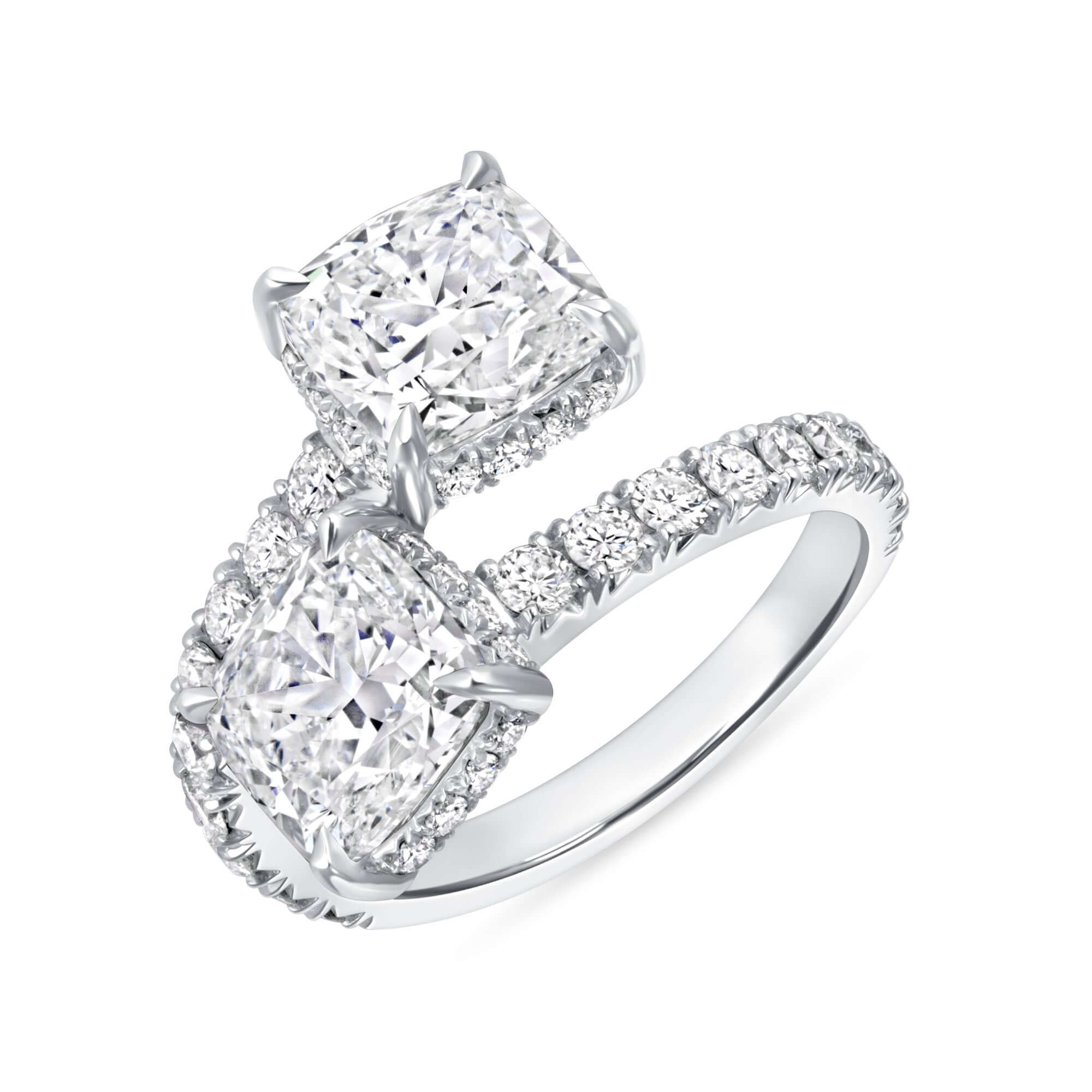 4.96 CT Cushion Cut Diamond Toi et Moi Bypass Ring with Pavé Band in Platinum - Toi et Moi Ring