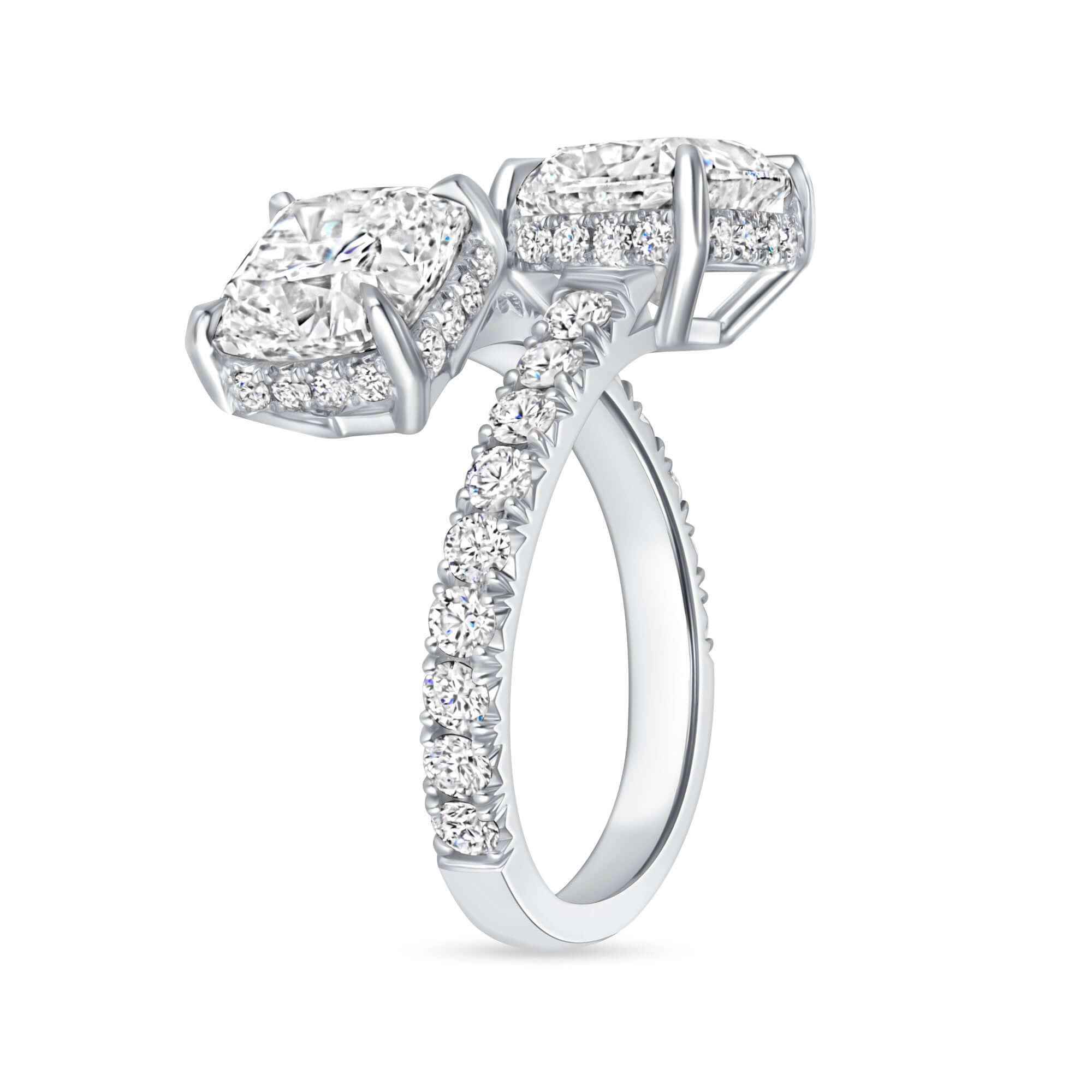 4.96 CT Cushion Cut Diamond Toi et Moi Bypass Ring with Pavé Band in Platinum - Toi et Moi Ring