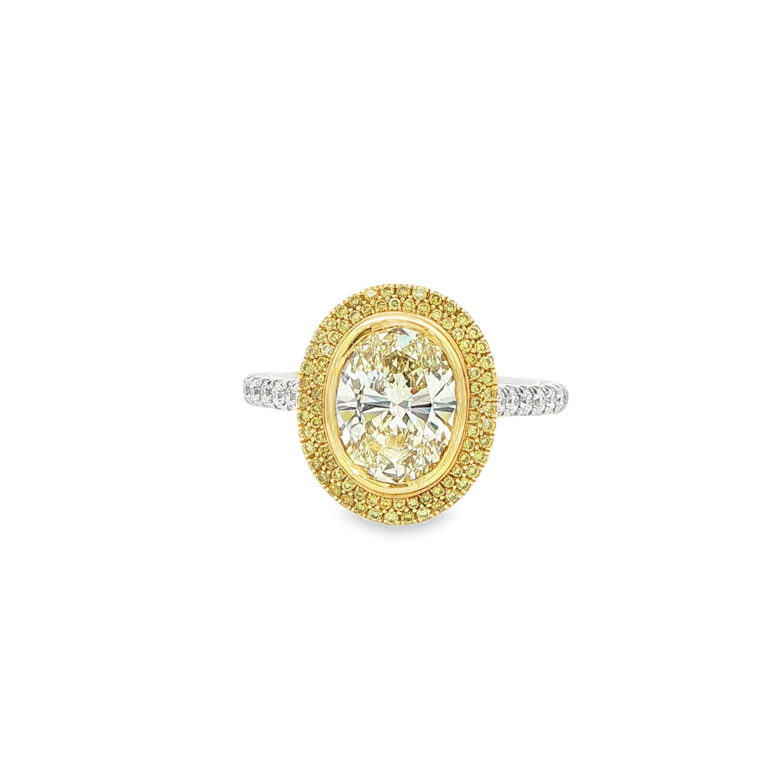 2.06 CT. Fancy Light Yellow Oval Diamond Double Halo Ring in 18K Yellow Gold and Platinum
