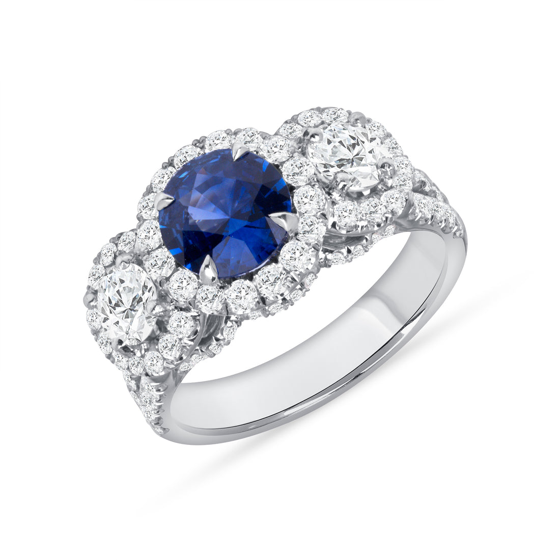 3.05 CT Round Brilliant Blue Sapphire and Diamond Halo Three Stone Ring in Platinum