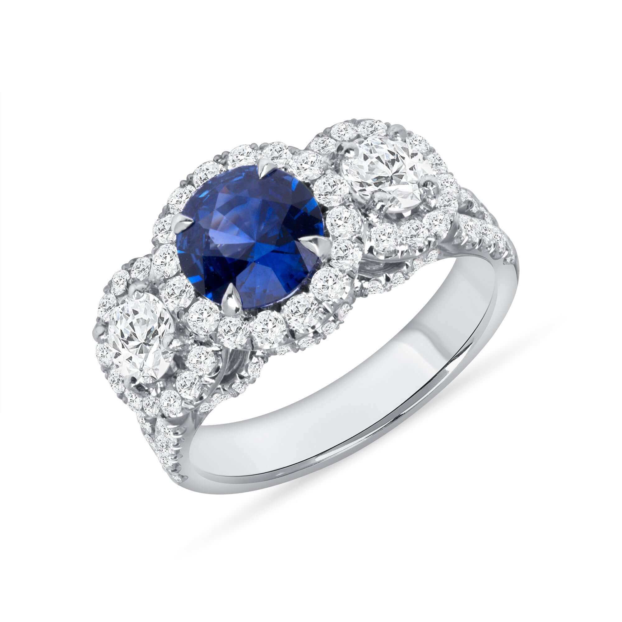 3.05 CT Round Brilliant Blue Sapphire and Diamond Halo Three Stone Ring in Platinum - Three Stone Ring