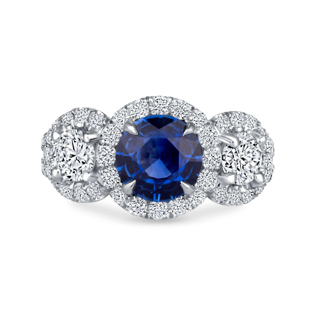 3.05 CT. Sapphire and Diamond Three Stone Halo Ring with Split Pavé Band - Three Stone Ring