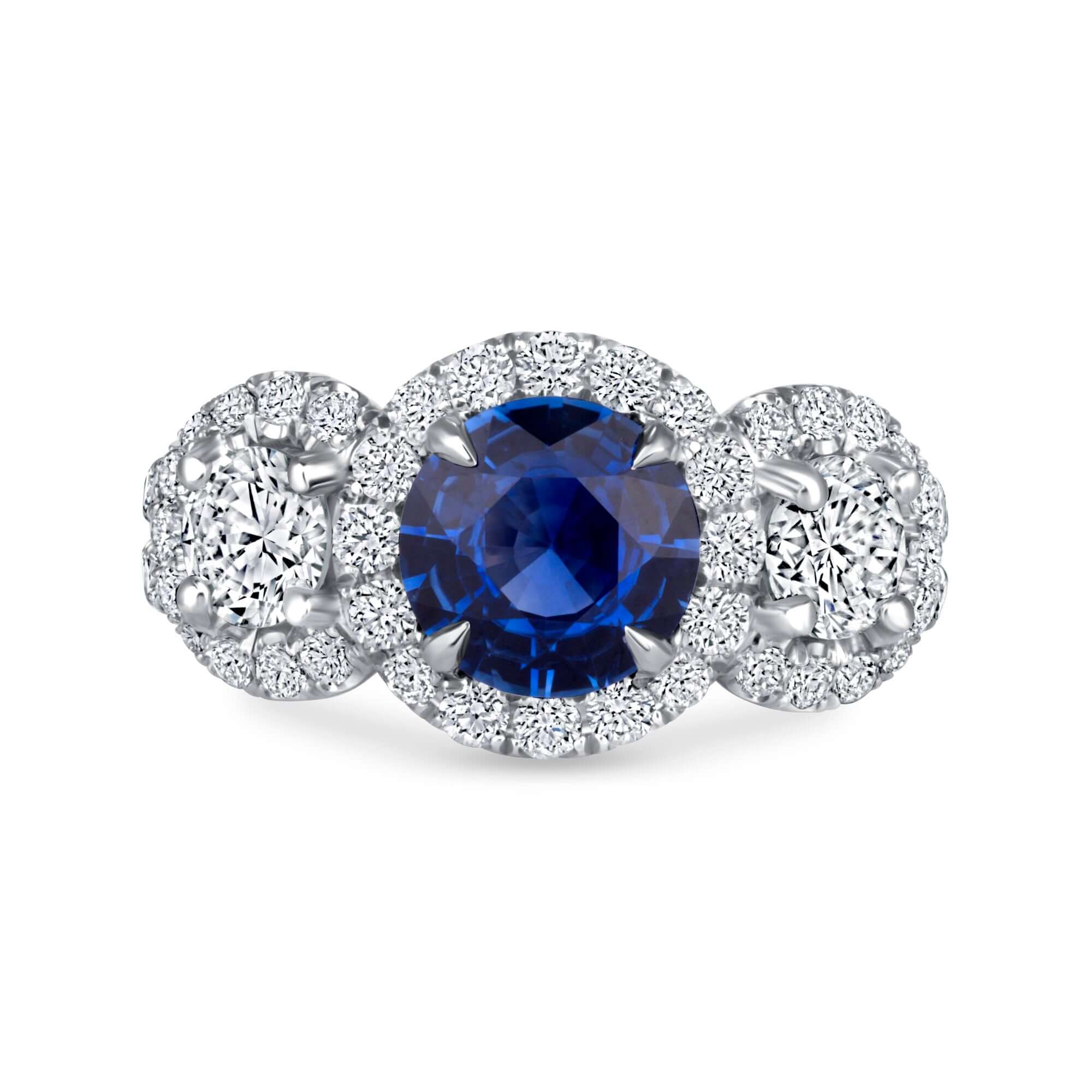 3.05 CT. Sapphire and Diamond Three Stone Halo Ring with Split Pavé Band - Three Stone Ring