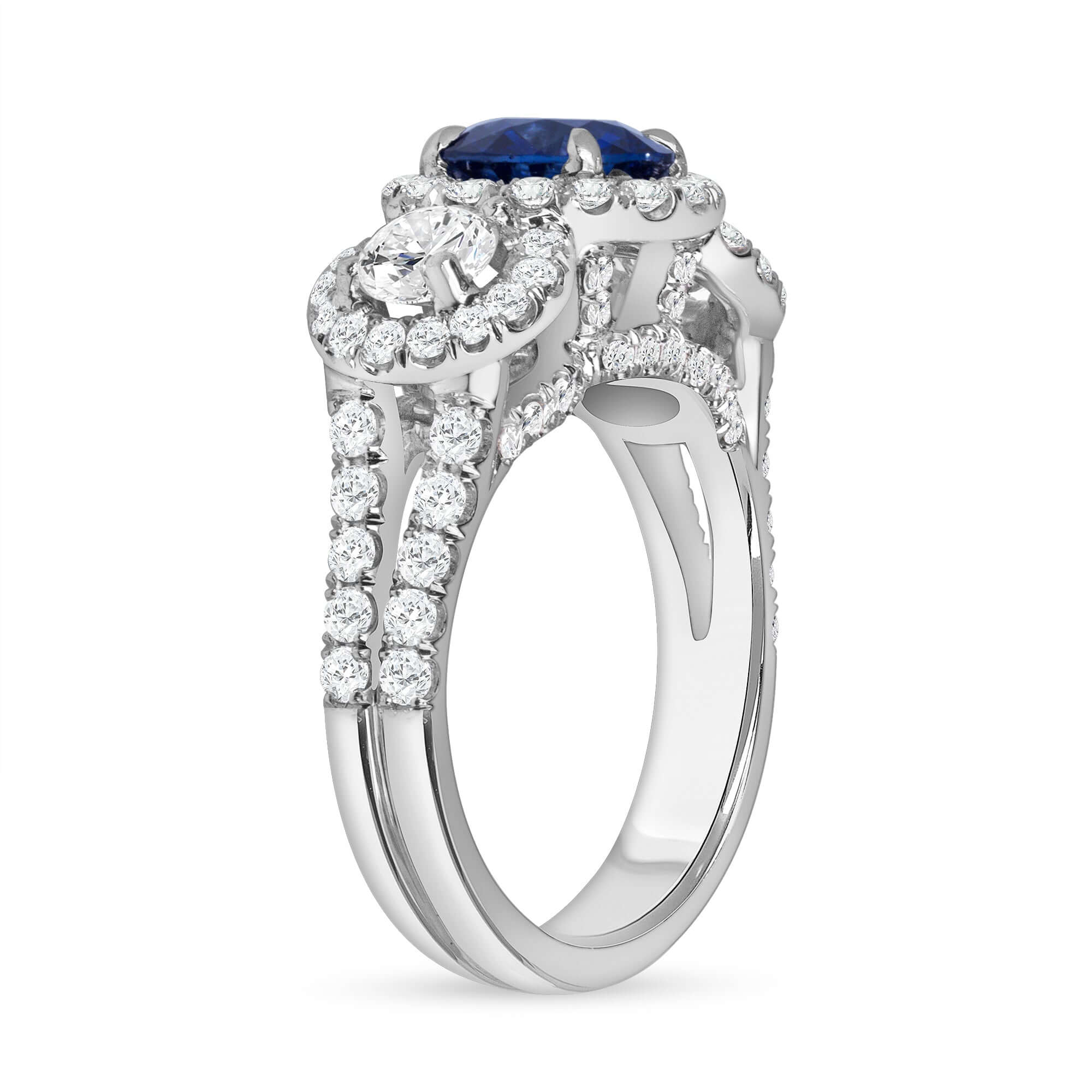 3.05 CT Round Brilliant Blue Sapphire and Diamond Halo Three Stone Ring in Platinum - Three Stone Ring