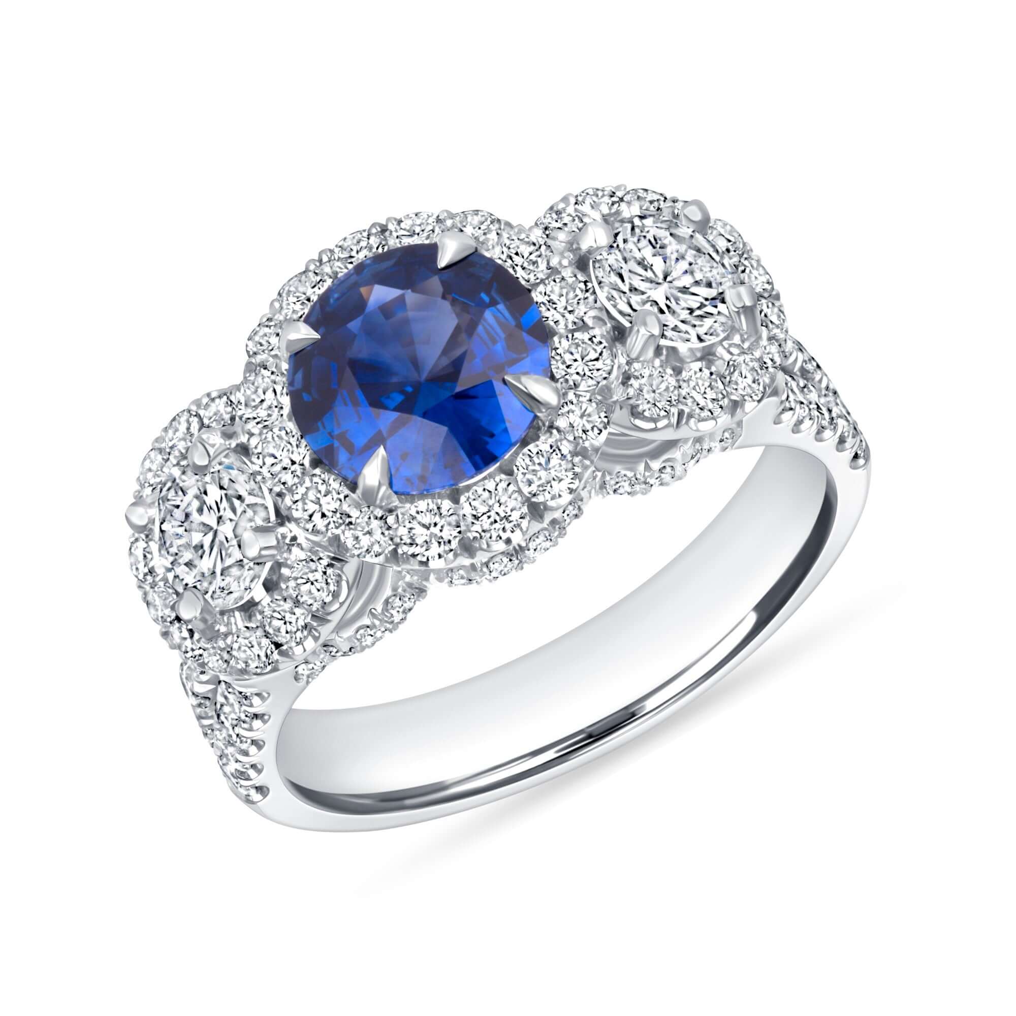 3.05 CT. Sapphire and Diamond Three Stone Halo Ring with Split Pavé Band - Three Stone Ring