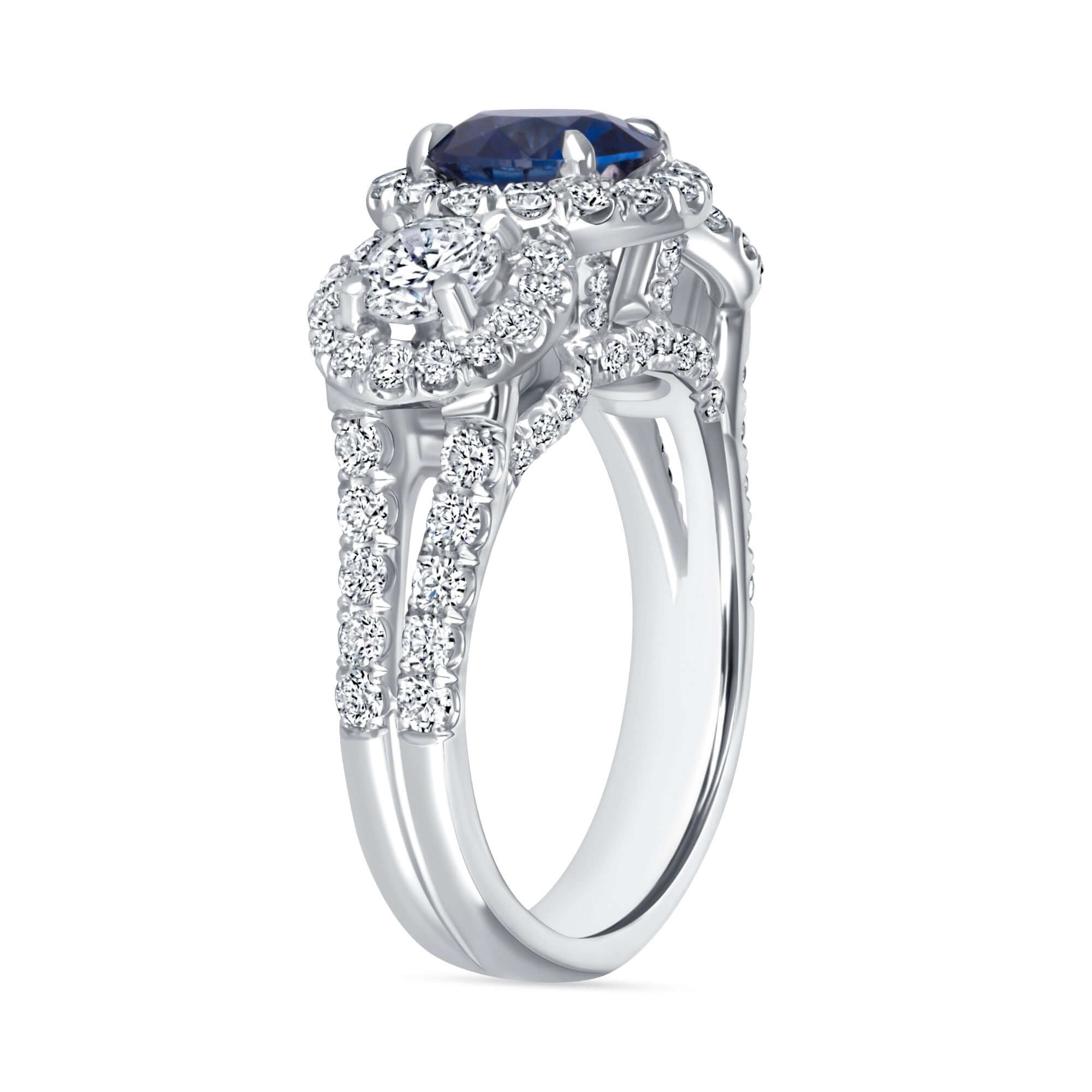 3.05 CT. Sapphire and Diamond Three Stone Halo Ring with Split Pavé Band - Three Stone Ring