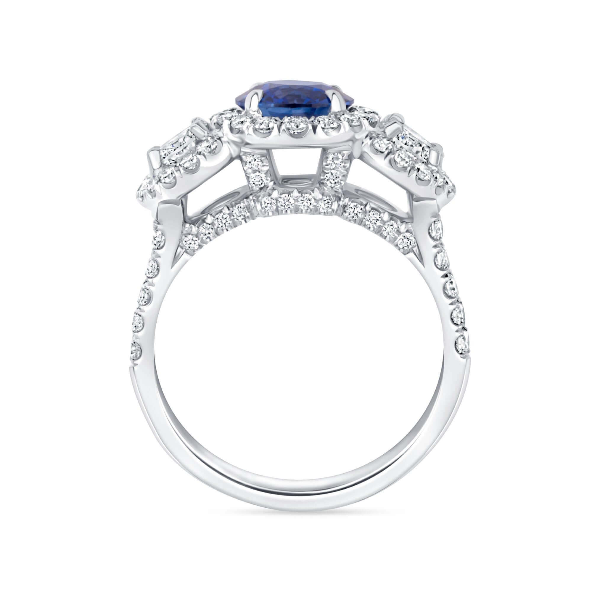 3.05 CT. Sapphire and Diamond Three Stone Halo Ring with Split Pavé Band - Three Stone Ring
