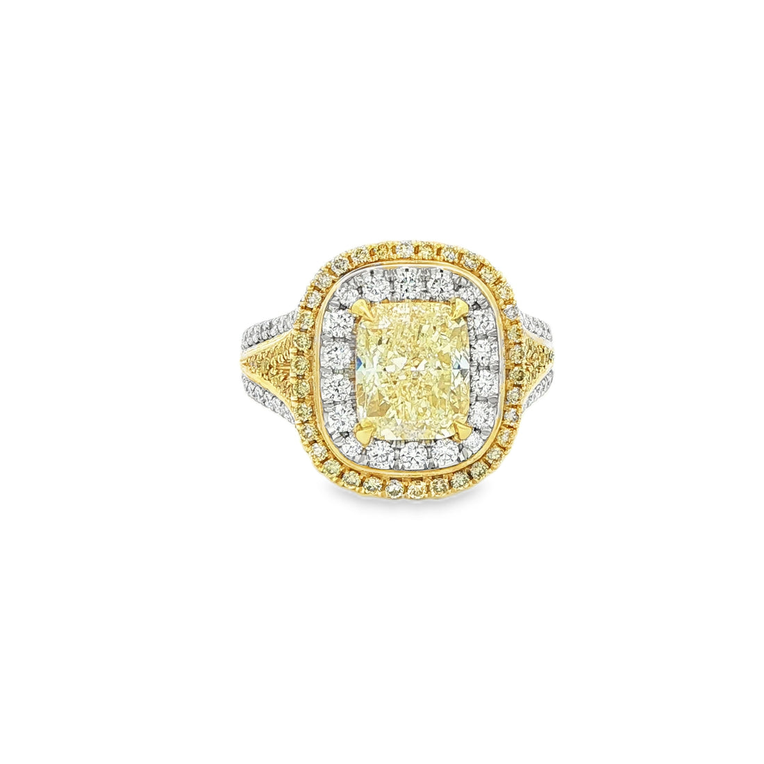 3.14 CT. Fancy Light Yellow Cushion Cut Double Halo Ring in 18K Yellow Gold and Platinum