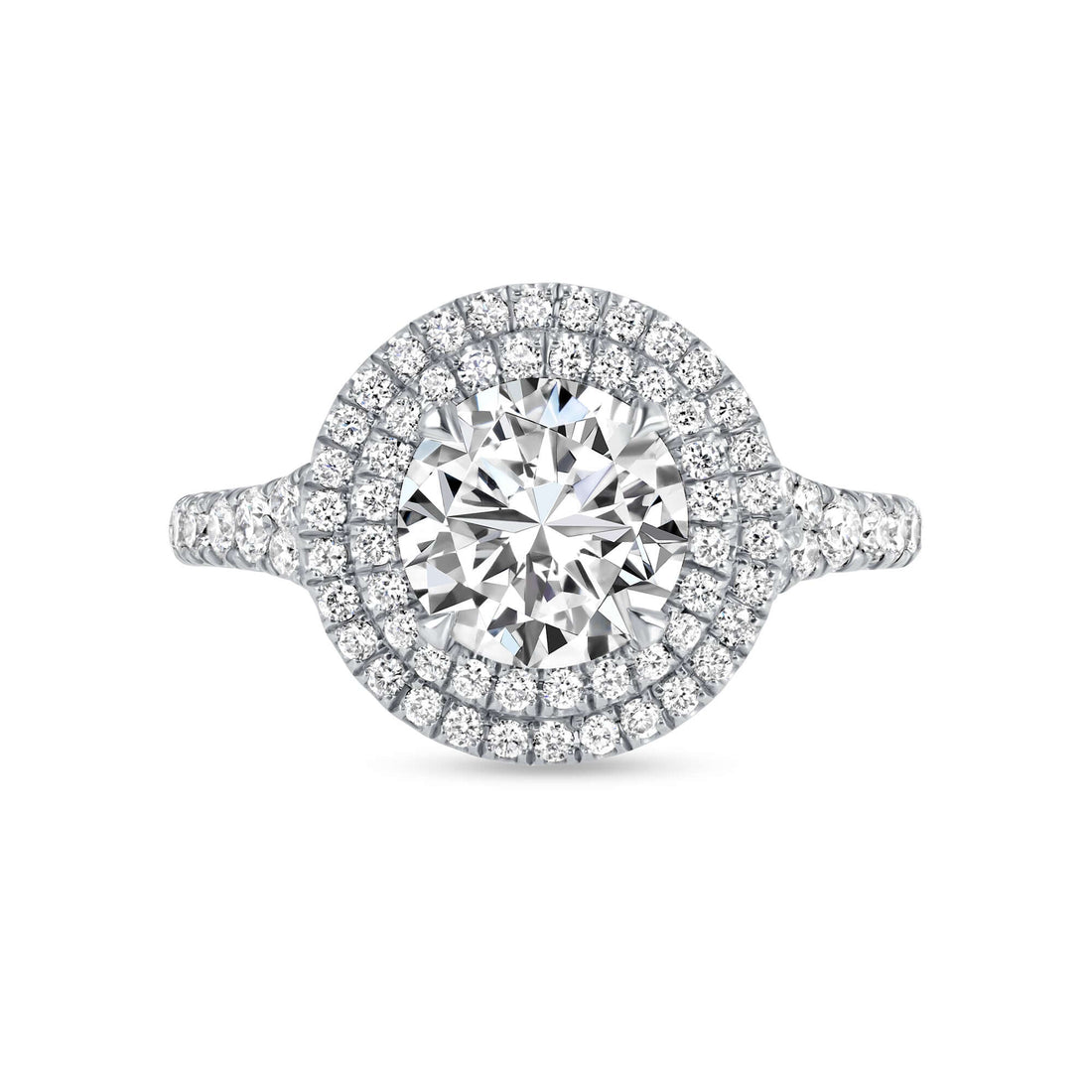 2.23 CT. Round Brilliant & Double Halo Diamond Ring with Pavé Band in Platinum - Engagement Rings