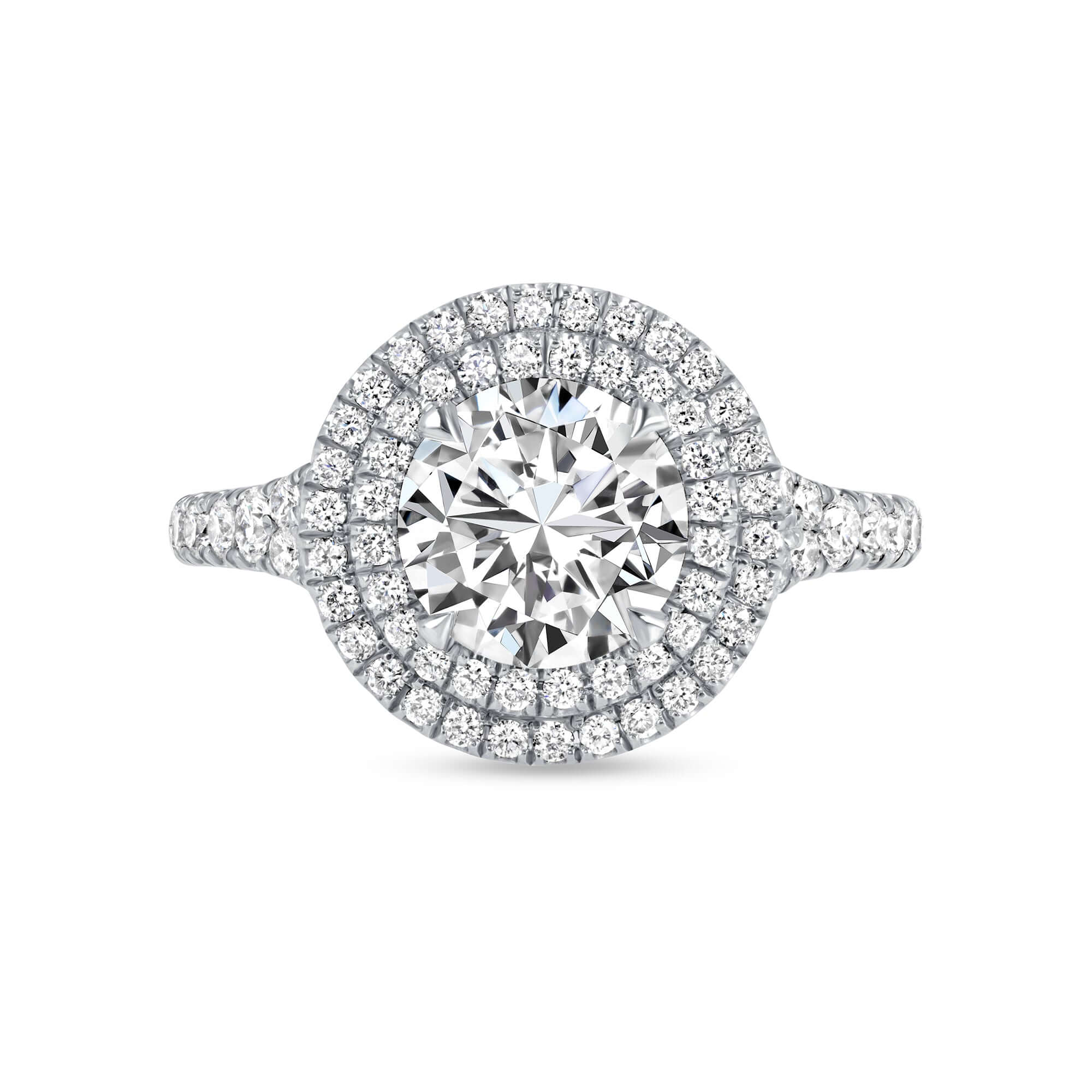2.23 CT. Round Brilliant & Double Halo Diamond Ring with Pavé Band in Platinum - Engagement Rings