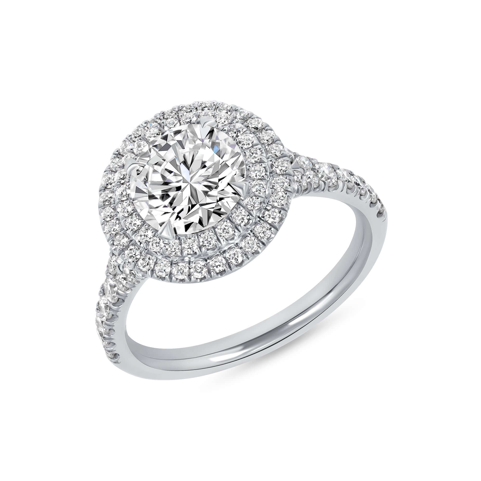 2.23 CT. Round Brilliant & Double Halo Diamond Ring with Pavé Band in Platinum - Engagement Rings