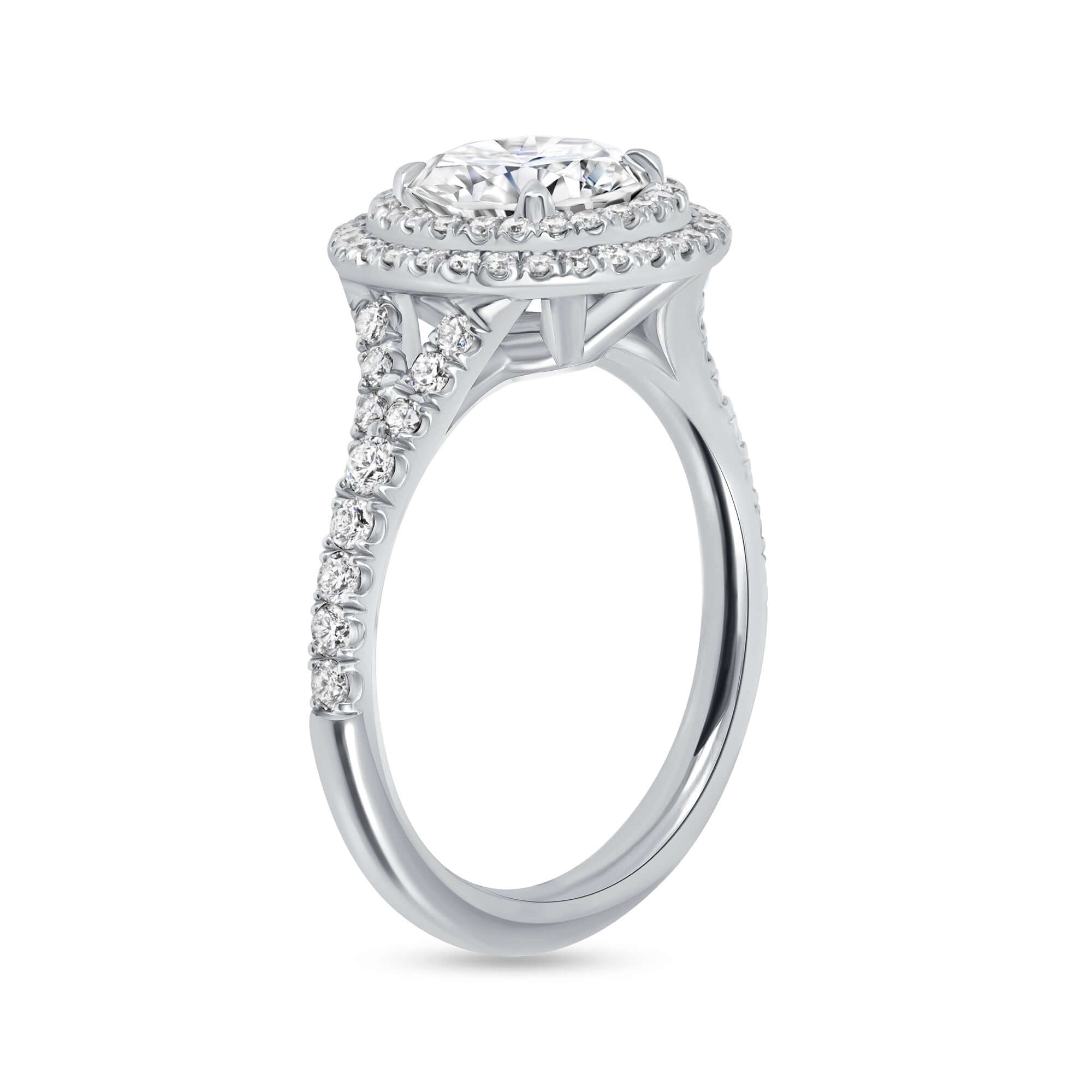 2.23 CT. Round Brilliant & Double Halo Diamond Ring with Pavé Band in Platinum - Engagement Rings