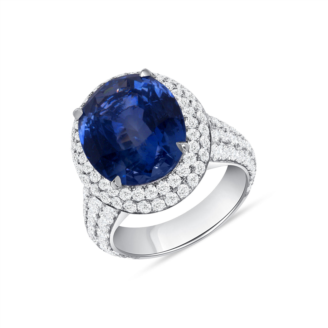 12.35 CT. Oval Cut Blue Sapphire and Round Brilliant Halo Diamond Ring in Platinum