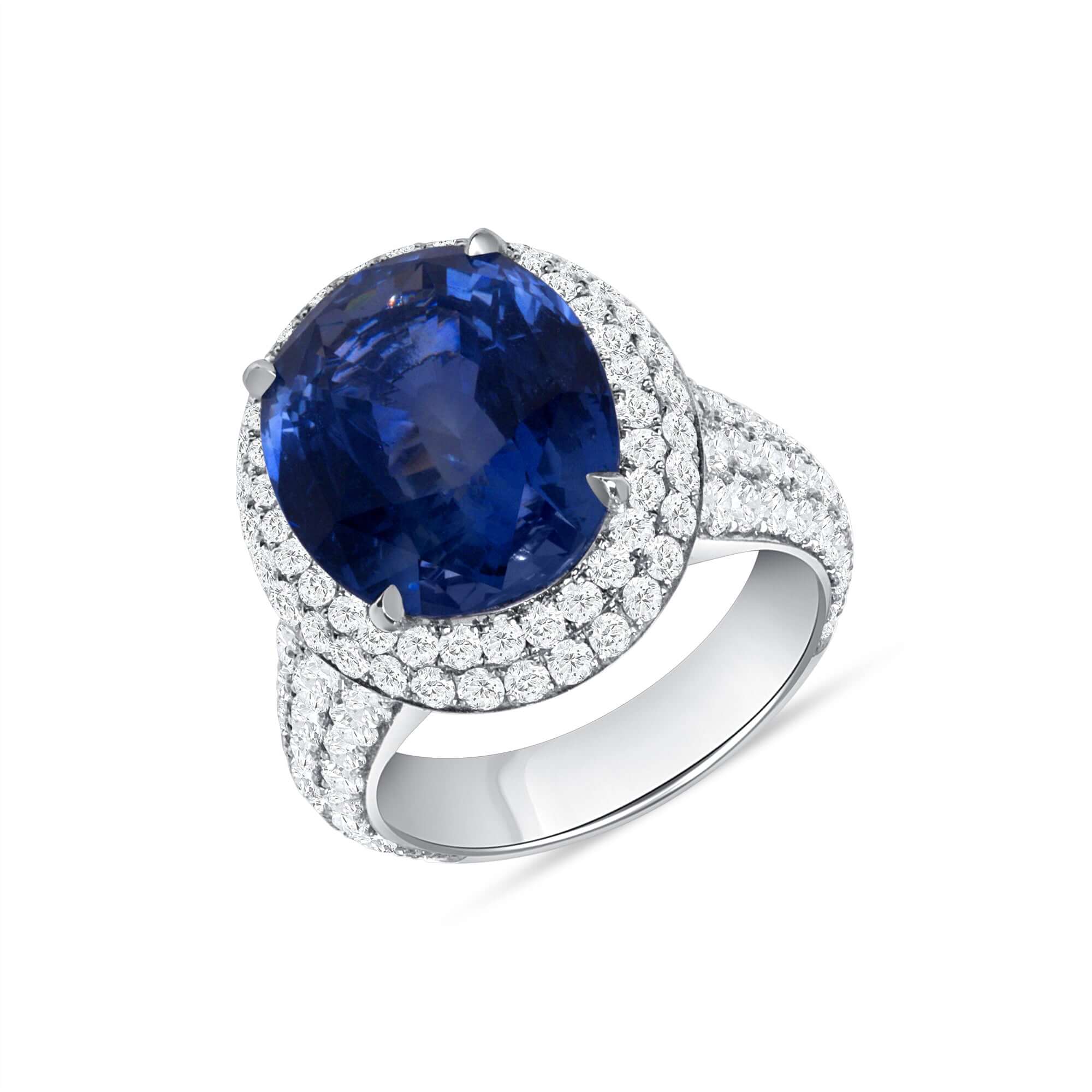 12.35 CT. Oval Cut Blue Sapphire and Round Brilliant Halo Diamond Ring in Platinum - Halo Ring
