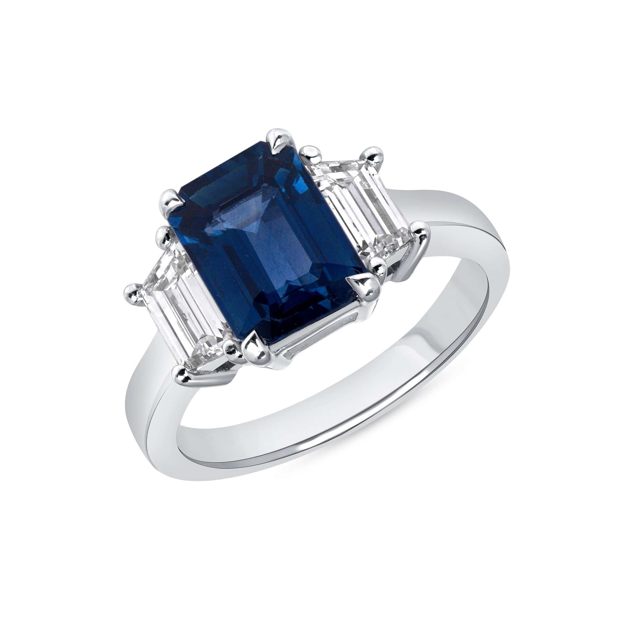 3.44 CT. Emerald Cut Blue Sapphire and Trapezoid Cut Diamond Three Stone Ring in Platinum - Three Stone Ring