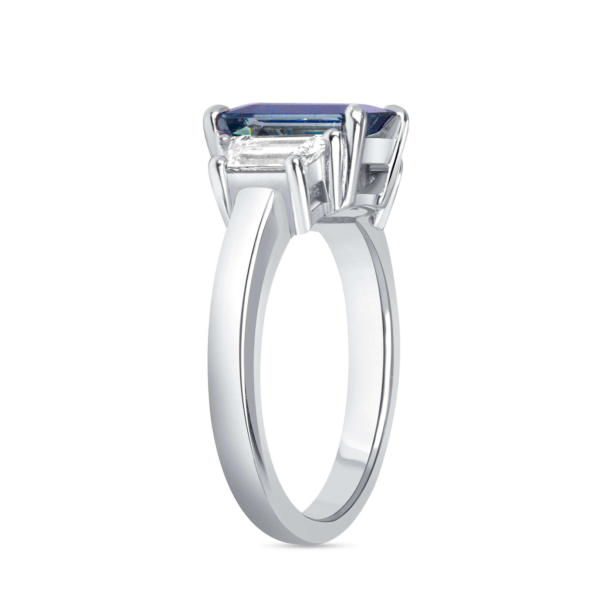 3.44 CT. Emerald Cut Blue Sapphire and Trapezoid Cut Diamond Three Stone Ring in Platinum - Three Stone Ring