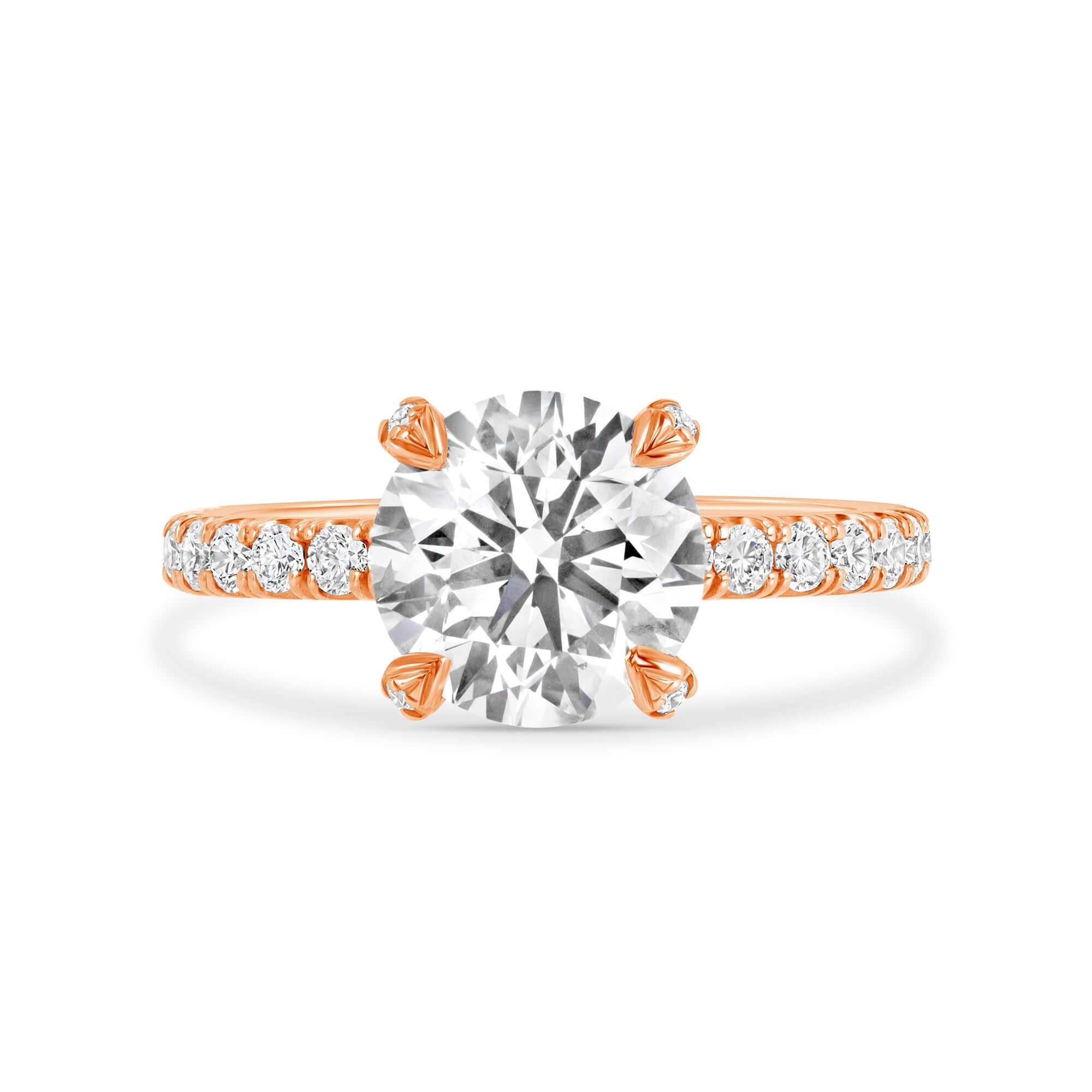 3.03 CT. Round Brilliant & Hidden Halo Diamond Ring with Pavé Band in 14K Rose Gold - Engagement Rings