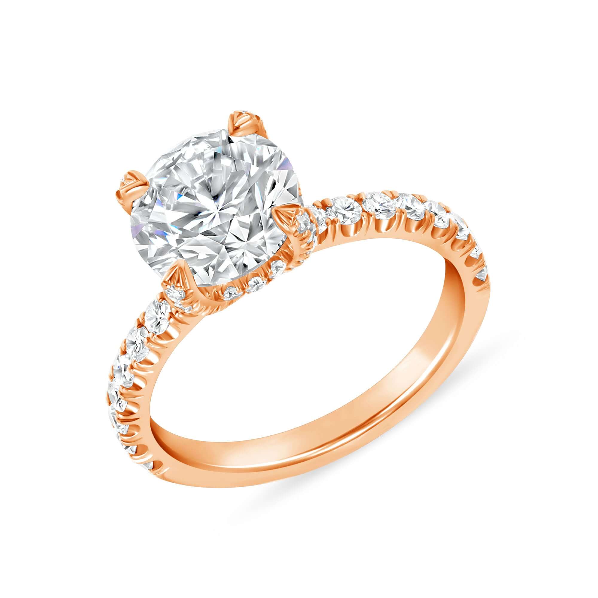 3.03 CT. Round Brilliant & Hidden Halo Diamond Ring with Pavé Band in 14K Rose Gold - Engagement Rings