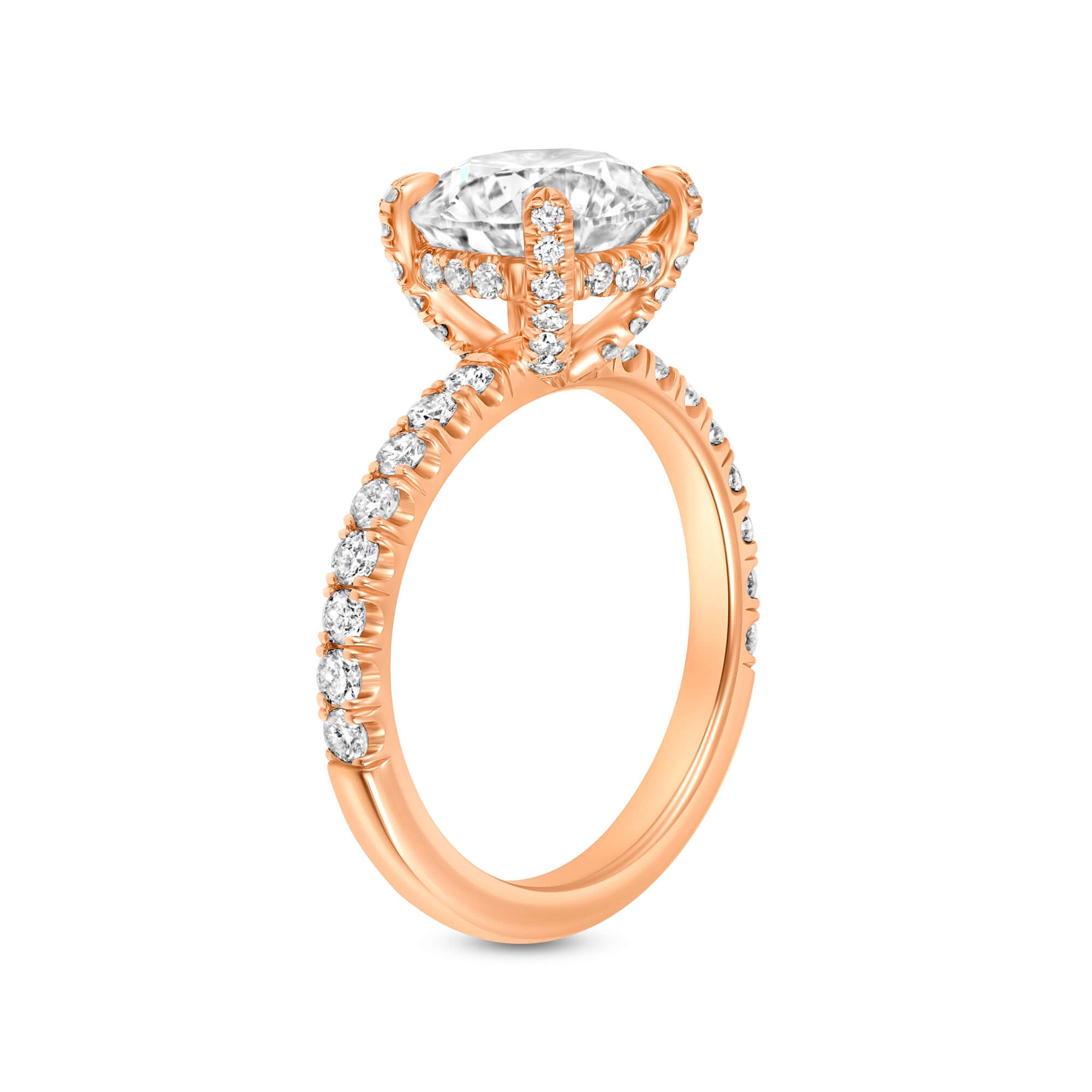 3.03 CT. Round Brilliant & Hidden Halo Diamond Ring with Pavé Band in 14K Rose Gold - Engagement Rings