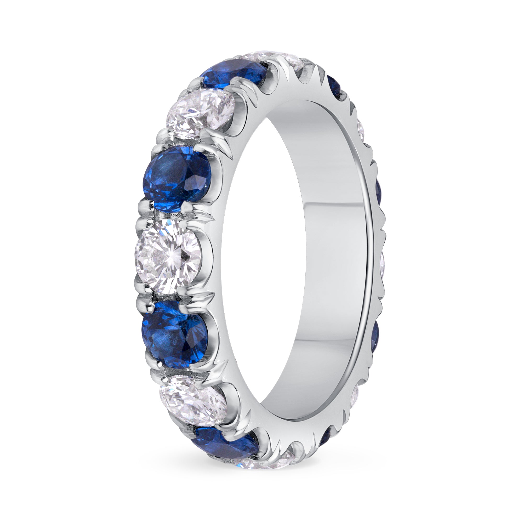 3.57 CT. Alternating Round Brilliant Blue Sapphire and Diamond Ring in Platinum