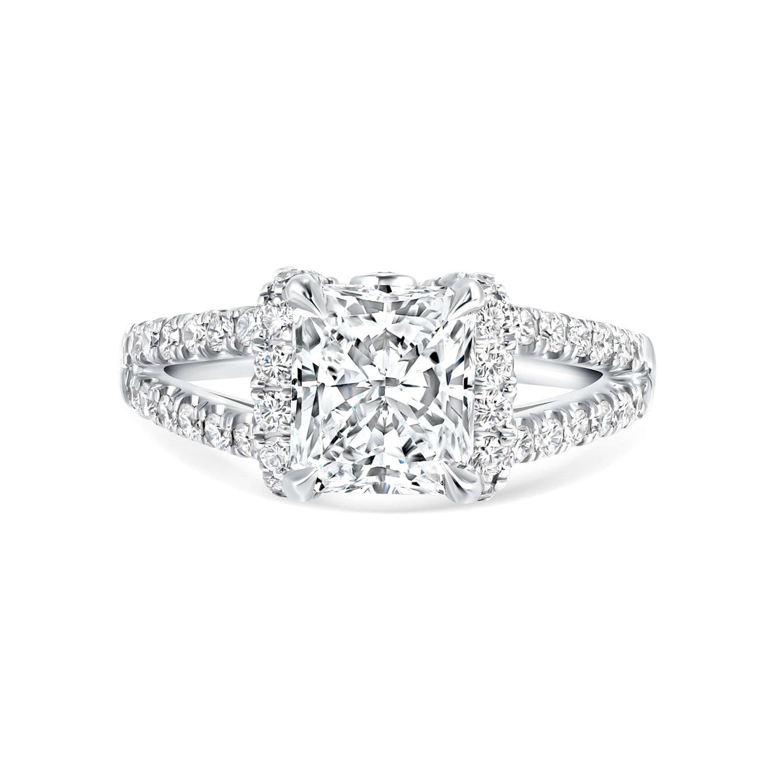 2.74 CT. Radiant Cut Diamond with Round Brilliant Halo & Split Pavé Band in Platinum - Engagement Rings