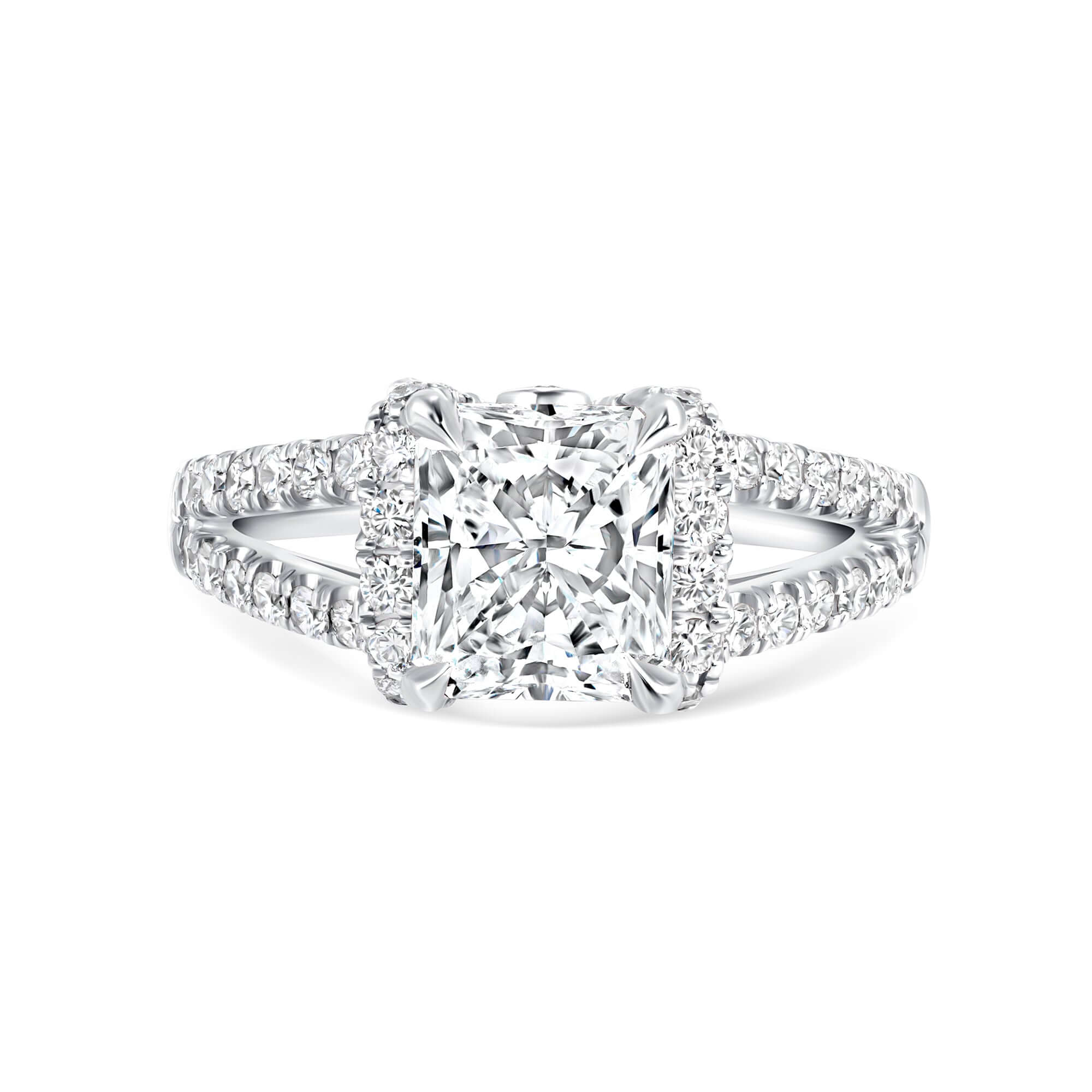 2.74 CT. Radiant Cut Diamond with Round Brilliant Halo & Split Pavé Band in Platinum - Engagement Rings