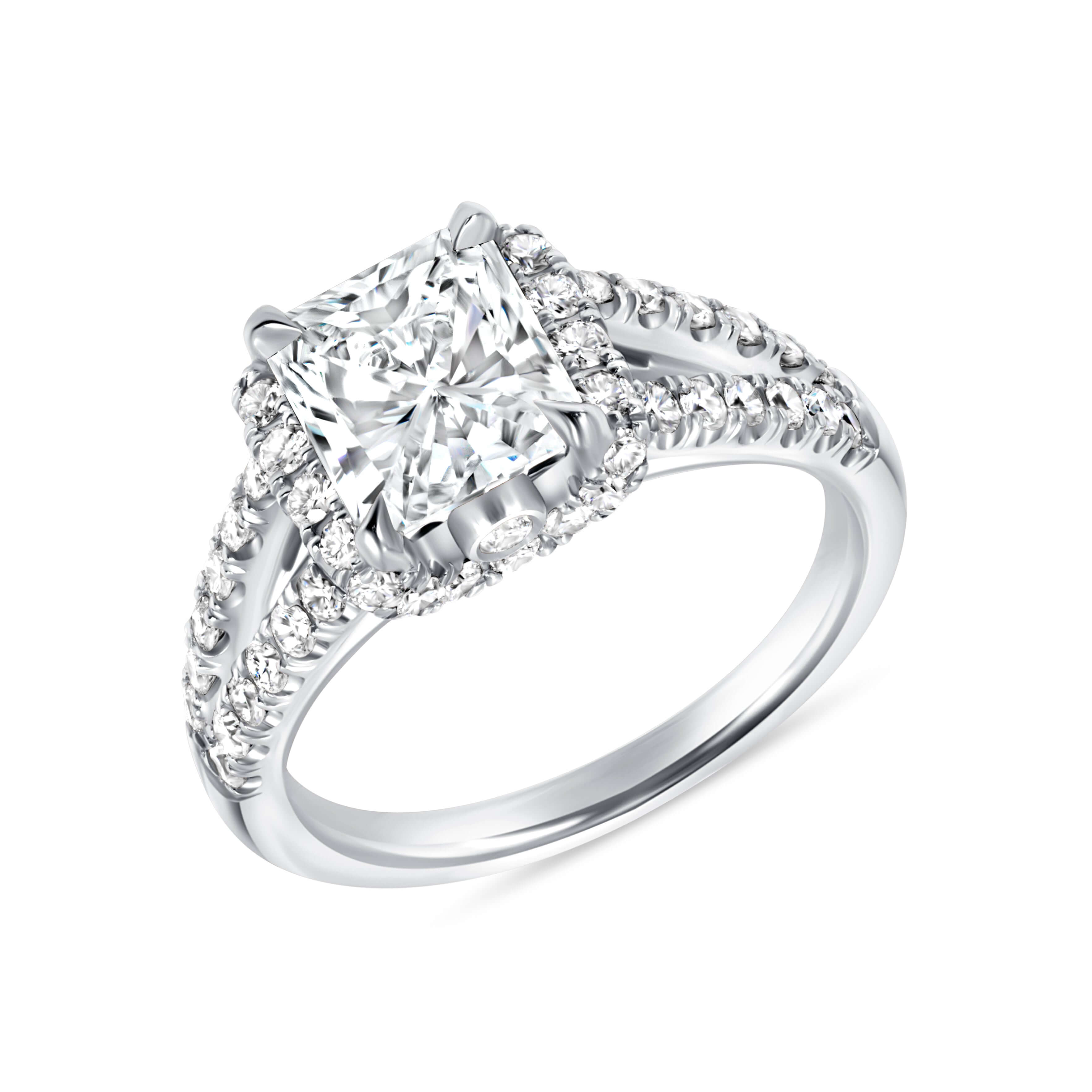 2.74 CT. Radiant Cut Diamond with Round Brilliant Halo & Split Pavé Band in Platinum - Engagement Rings