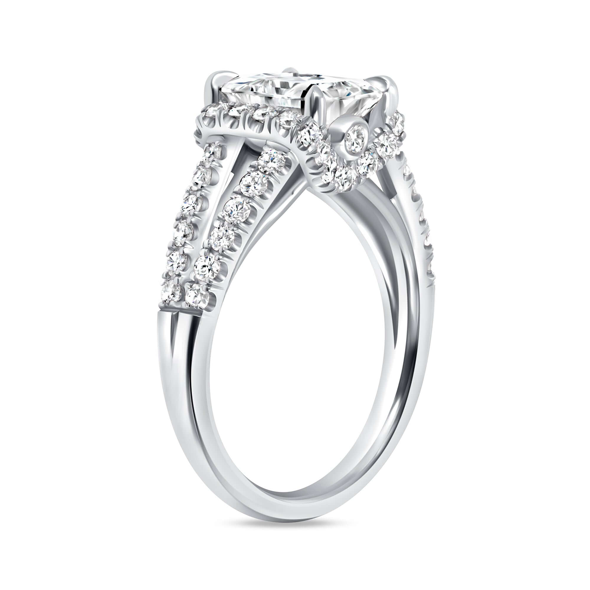 2.74 CT. Radiant Cut Diamond with Round Brilliant Halo & Split Pavé Band in Platinum - Engagement Rings