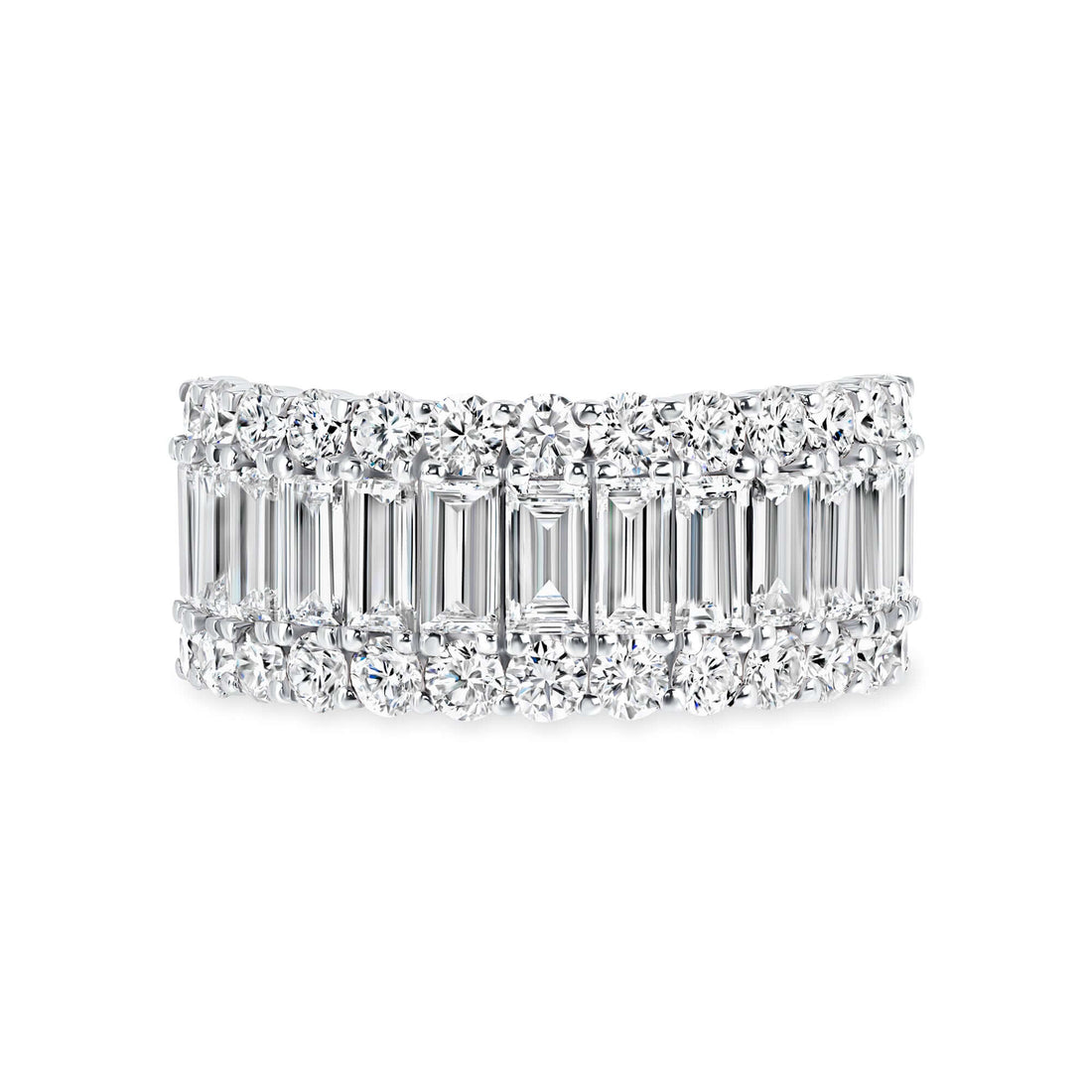 2.92 CT. Baguette and Round Brilliant Cut Diamond Three Row Ring in 18K White Gold - Fashion Ring