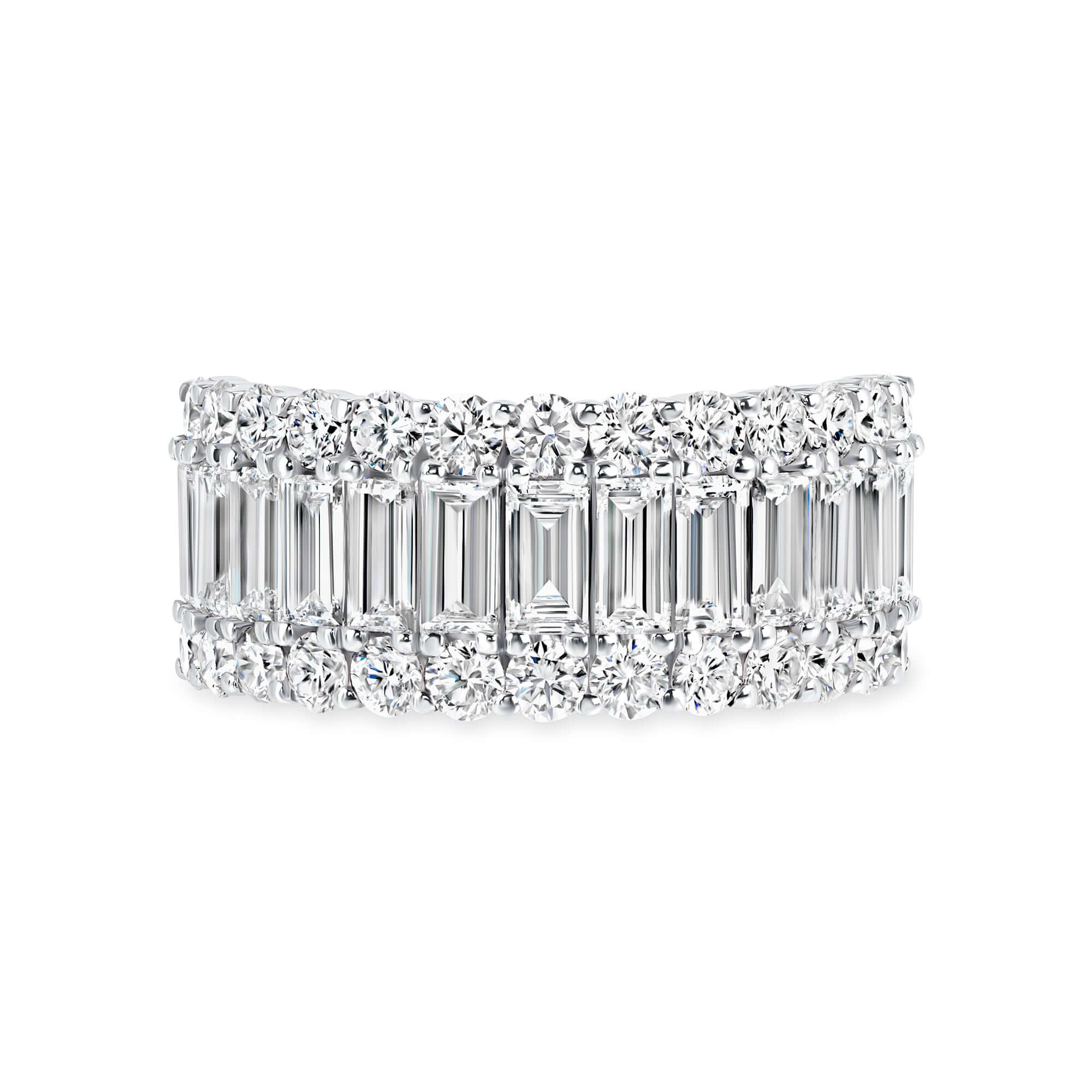 2.92 CT. Baguette and Round Brilliant Cut Diamond Three Row Ring in 18K White Gold - Fashion Ring