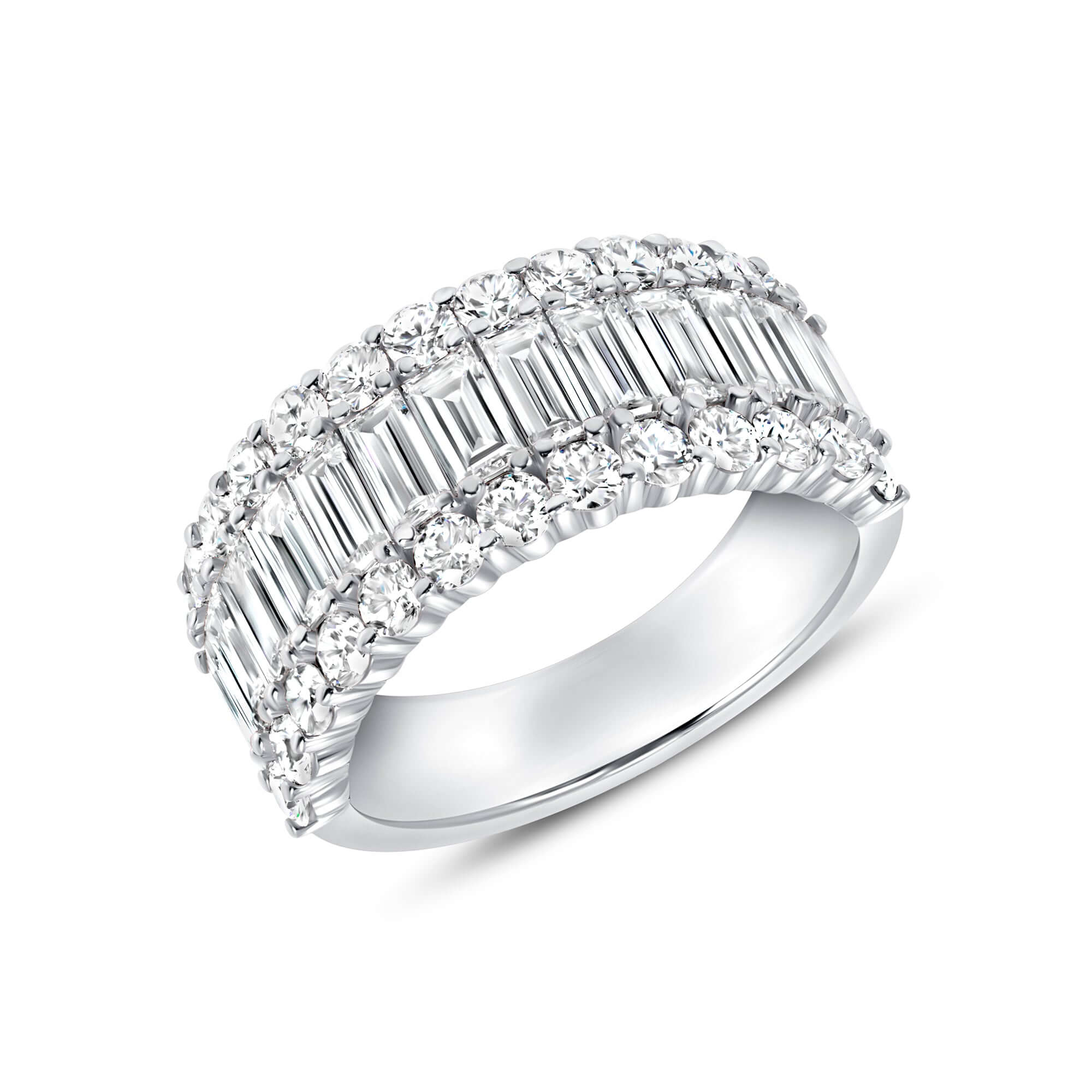 2.92 CT. Baguette and Round Brilliant Cut Diamond Three Row Ring in 18K White Gold - Fashion Ring