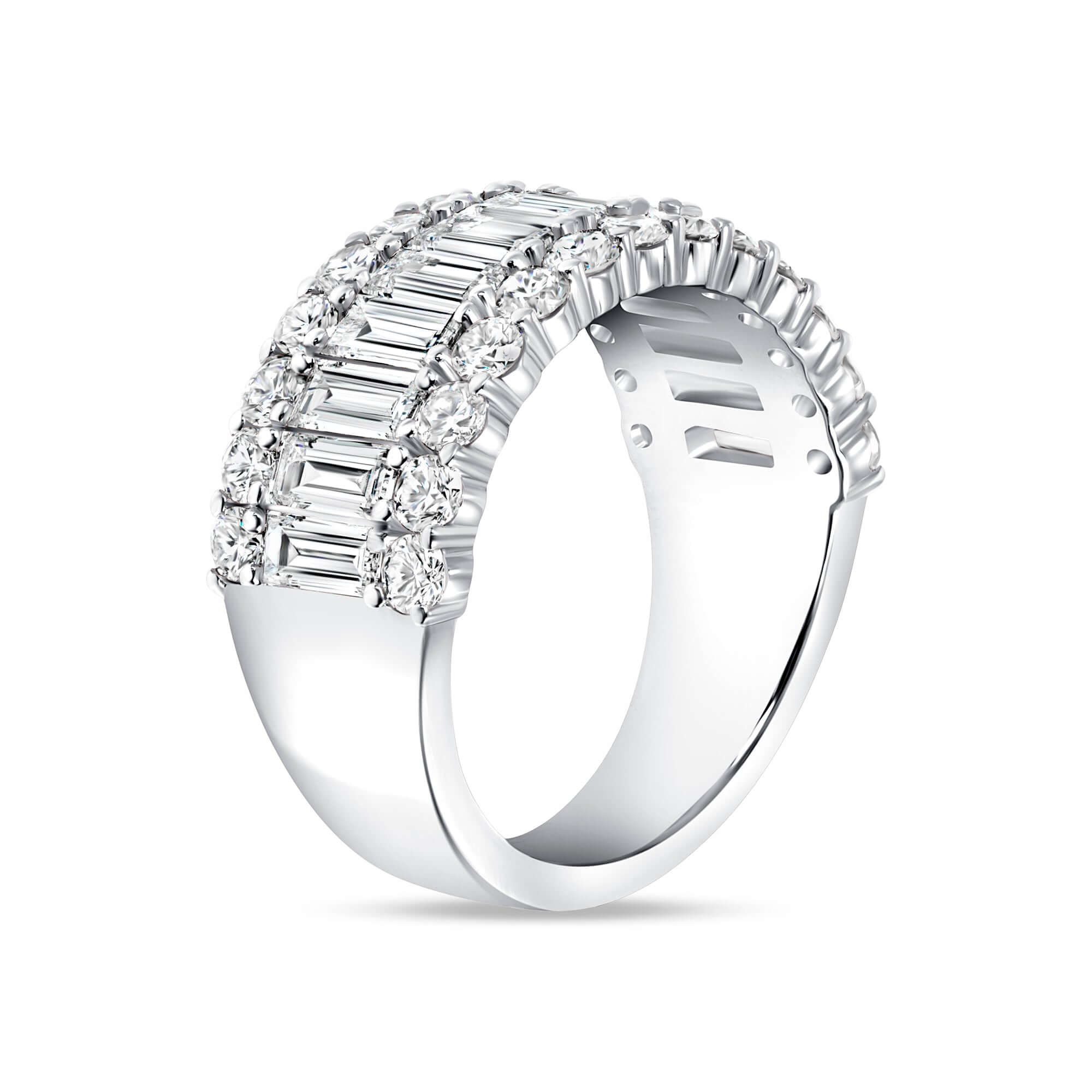 2.92 CT. Baguette and Round Brilliant Cut Diamond Three Row Ring in 18K White Gold - Fashion Ring