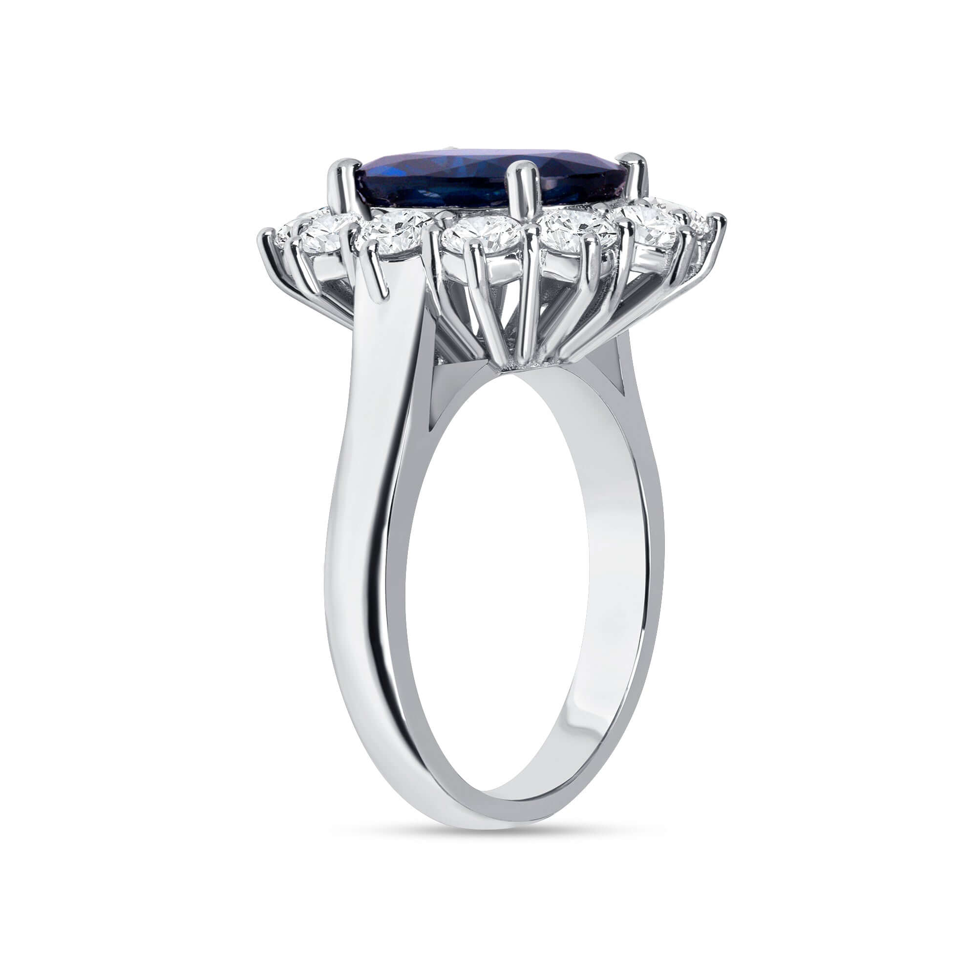 5.96 CT. Oval Cut Blue Sapphire and Round Brilliant Diamond Ring in Platinum - Halo Ring