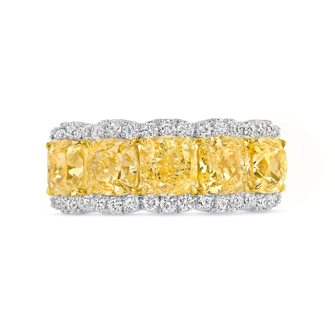 5.54 CT. Fancy Yellow Diamond Five Stone Ring with Diamond Halo in Platinum - Fashion Ring