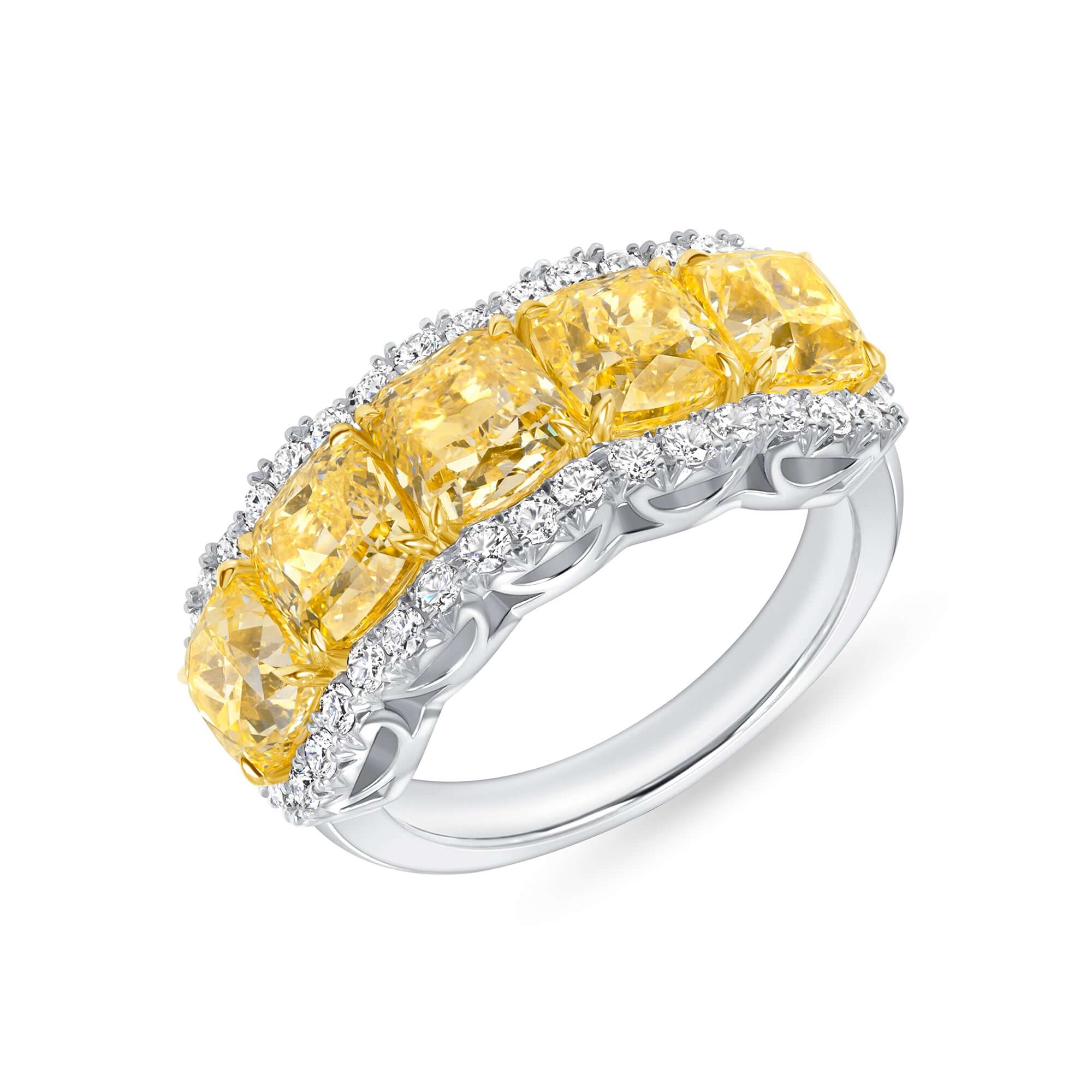 5.54 CT. Fancy Yellow Diamond Five Stone Ring with Diamond Halo in Platinum - Fashion Ring