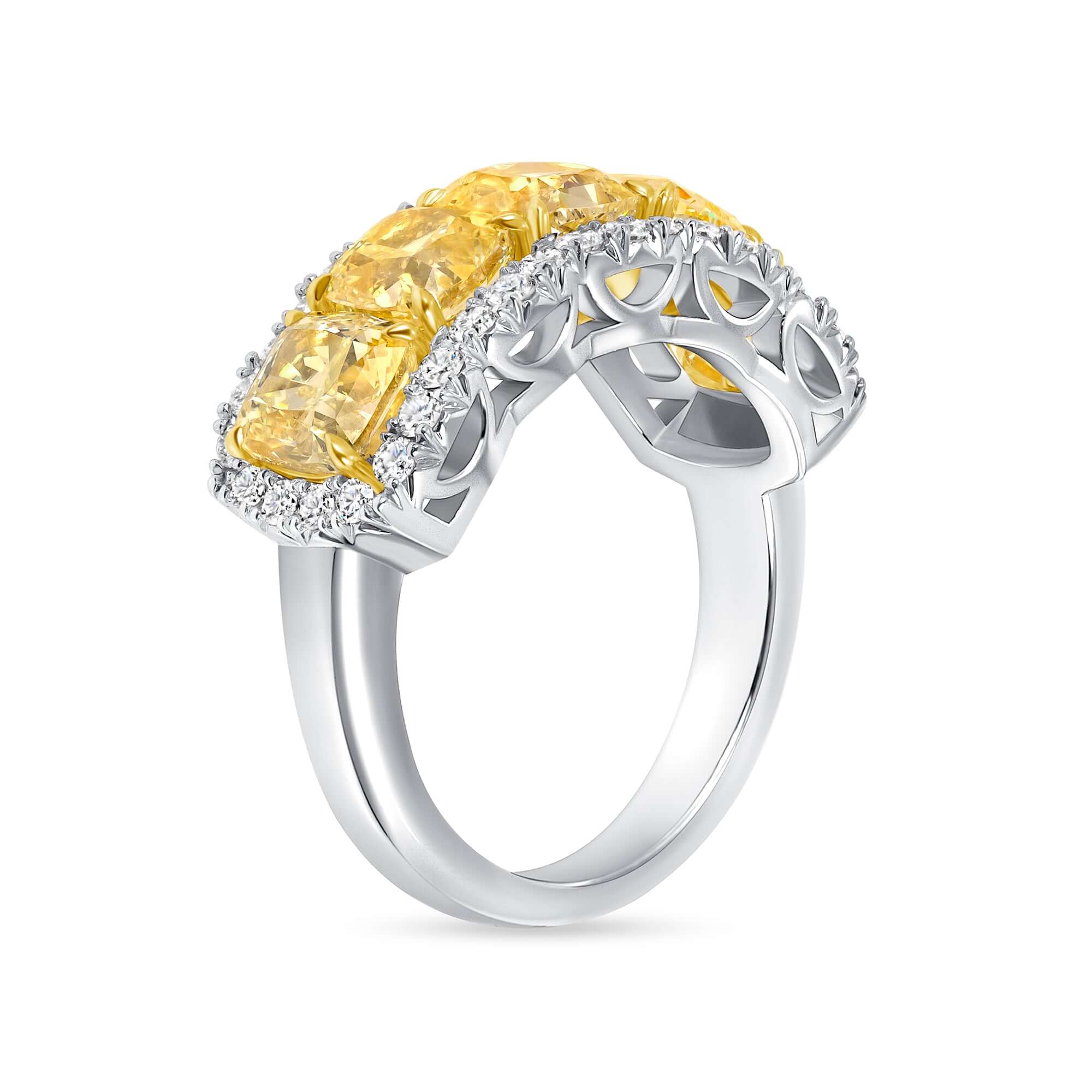 5.54 CT. Fancy Yellow Diamond Five Stone Ring with Diamond Halo in Platinum - Fashion Ring