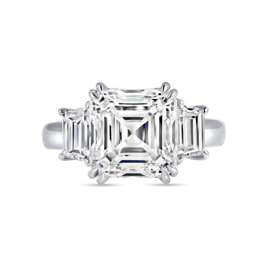 6.65 CT. Asscher & Trapezoid Cut Three Stone Diamond Riing in Platinum - Engagement Rings