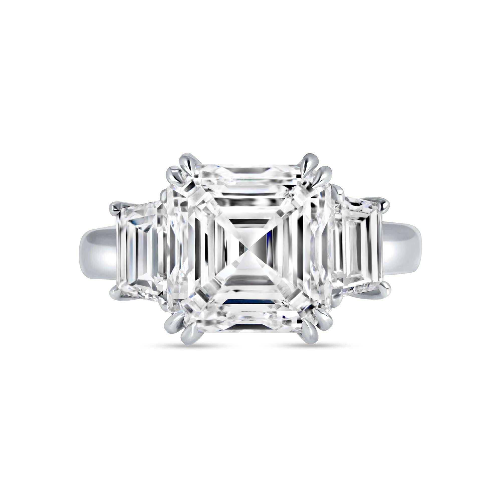 6.65 CT. Asscher & Trapezoid Cut Three Stone Diamond Riing in Platinum - Engagement Rings