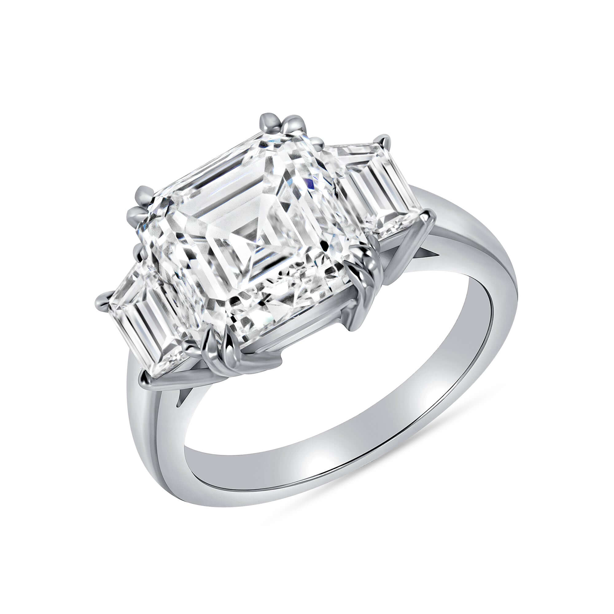 6.65 CT. Asscher & Trapezoid Cut Three Stone Diamond Riing in Platinum - Engagement Rings