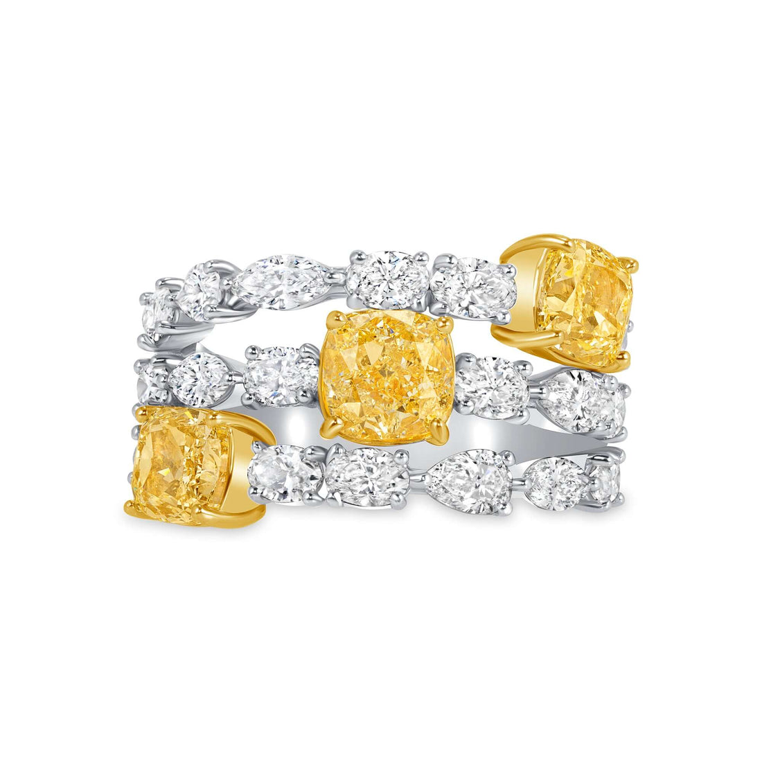 5.39 CT. Fancy Yellow Diamond Three Row Ring with Fancy Cut Diamonds in 18K Yellow Gold and Platinum - Fashion Ring