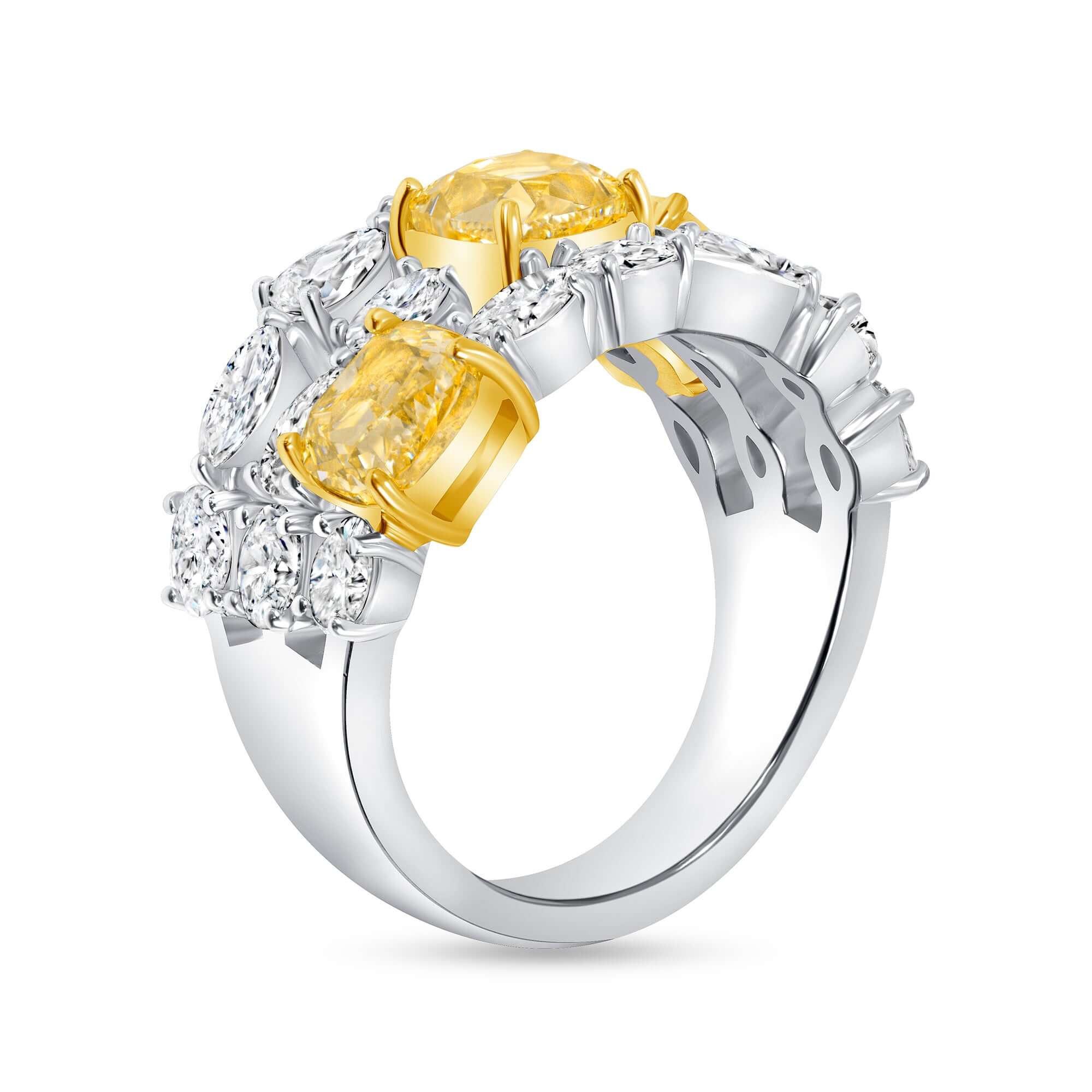 5.39 CT. Fancy Yellow Diamond Three Row Ring with Fancy Cut Diamonds in 18K Yellow Gold and Platinum - Fashion Ring