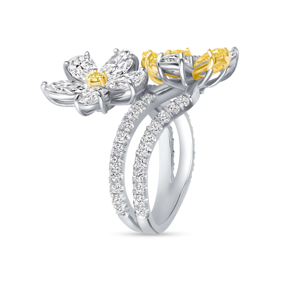 4.15 CT. Yellow and White Diamond Double Flower Bypass Ring with Split Pavé Band - Bypass Ring